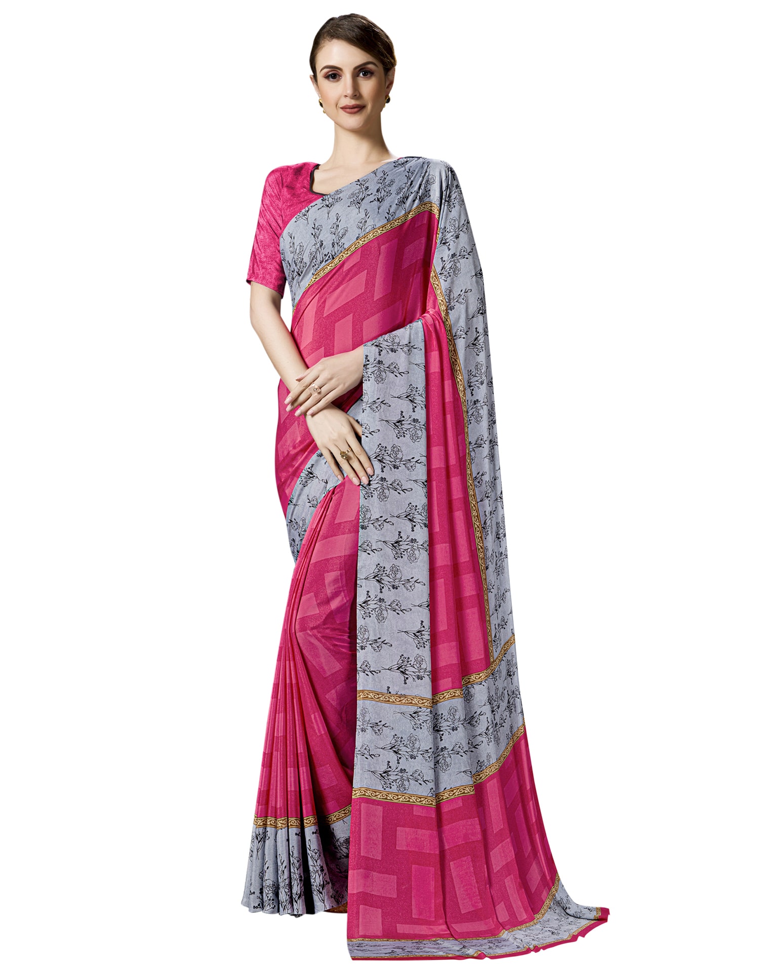 

Swaron Crepe Floral Pink Color Saree With Unstiched Blouse Piece