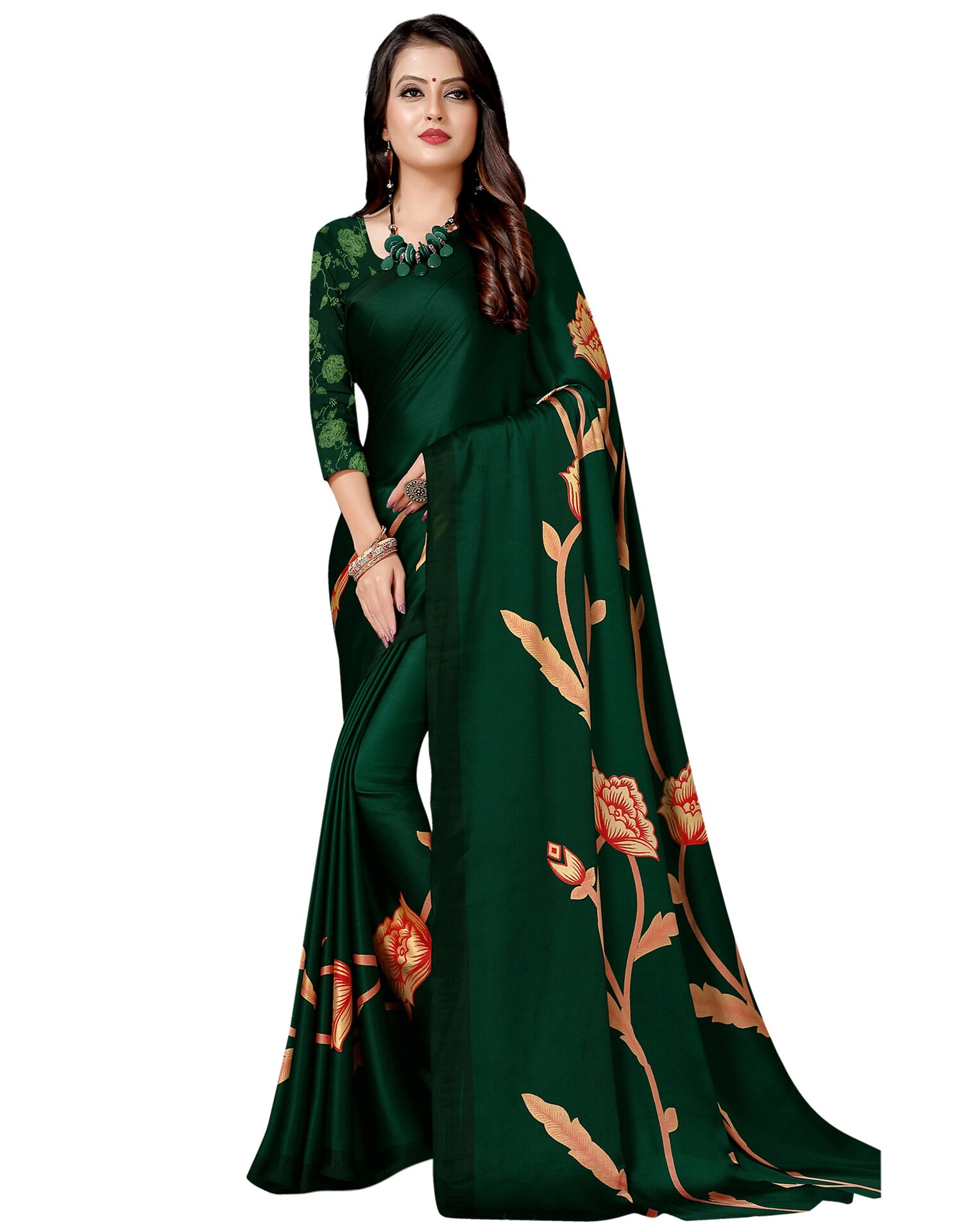 

Swaron Crepe Floral Green Color Saree With Unstiched Blouse Piece
