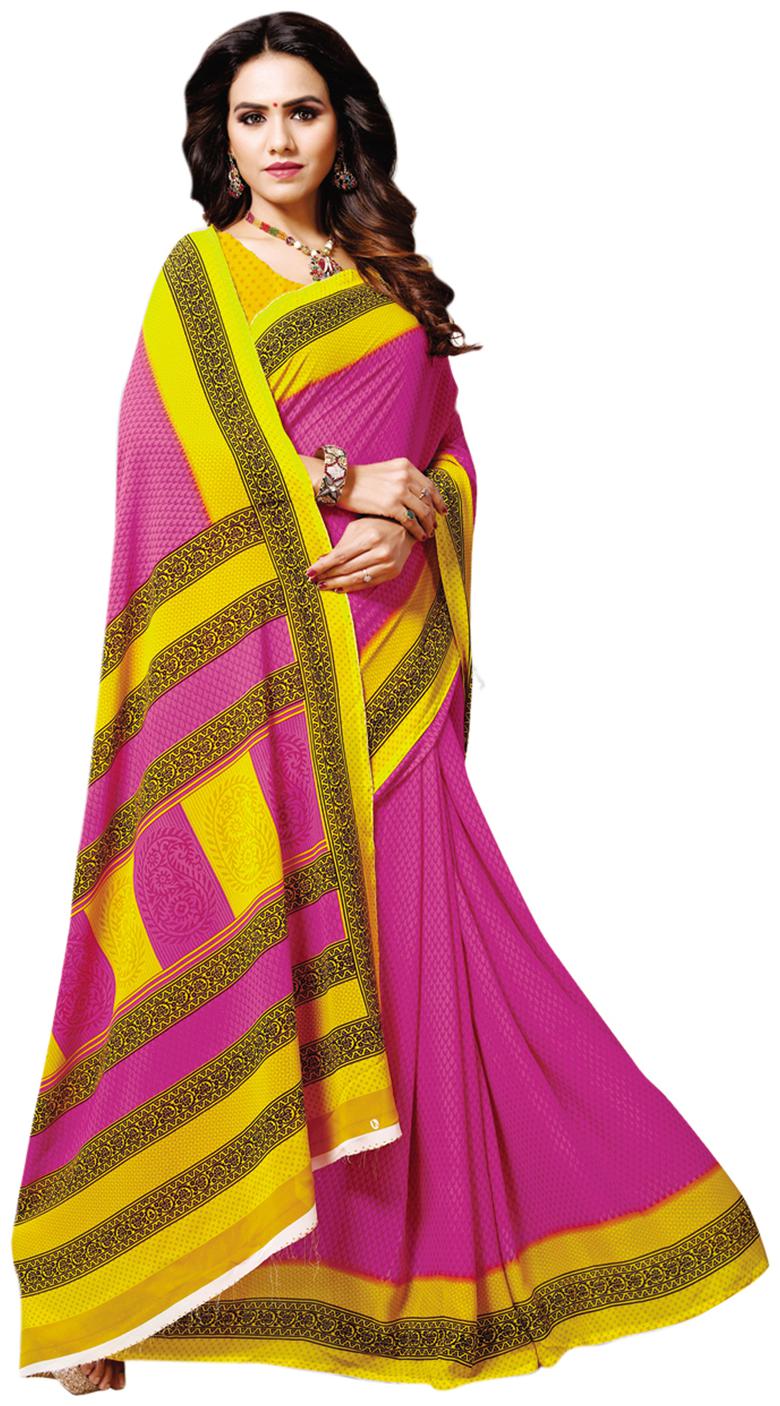 

Swaron Crepe Block print Work Daily Wear Regular Saree With Blouse Pink