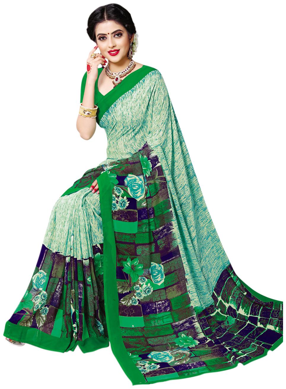

Swaron Crepe Block print Work Daily Wear Regular Saree With Blouse Green