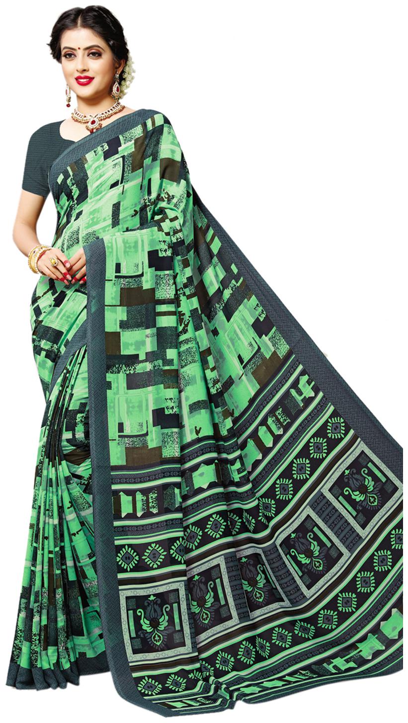 

Swaron Crepe Block print Work Daily Wear Regular Saree With Blouse Green