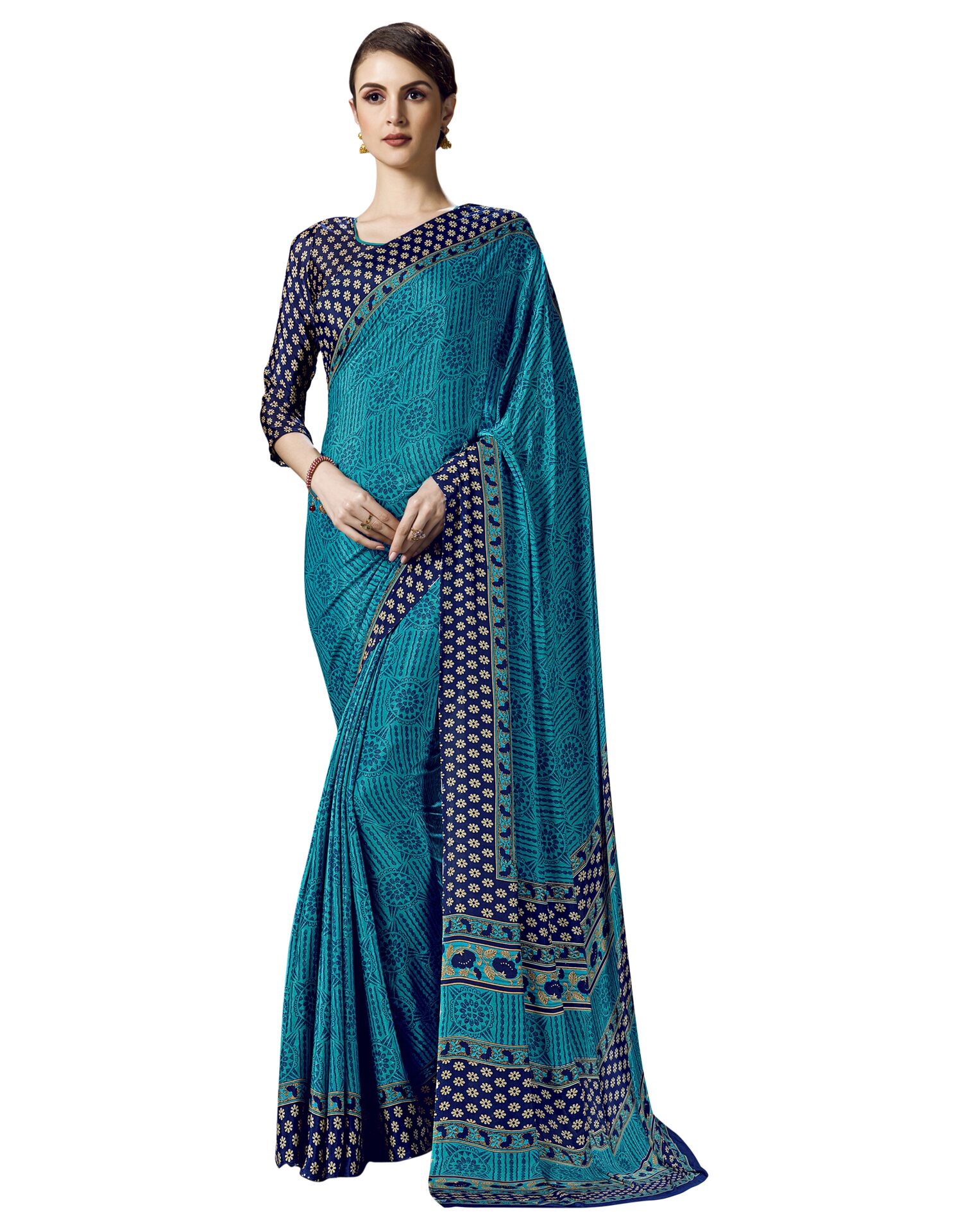 

Swaron Crepe Printed Blue Color Saree With Unstiched Blouse Piece