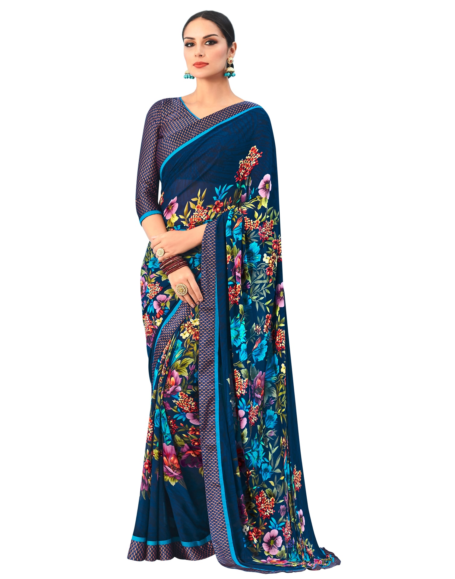 

Swaron Georgette Floral Navy Blue Color Saree With Unstiched Blouse Piece
