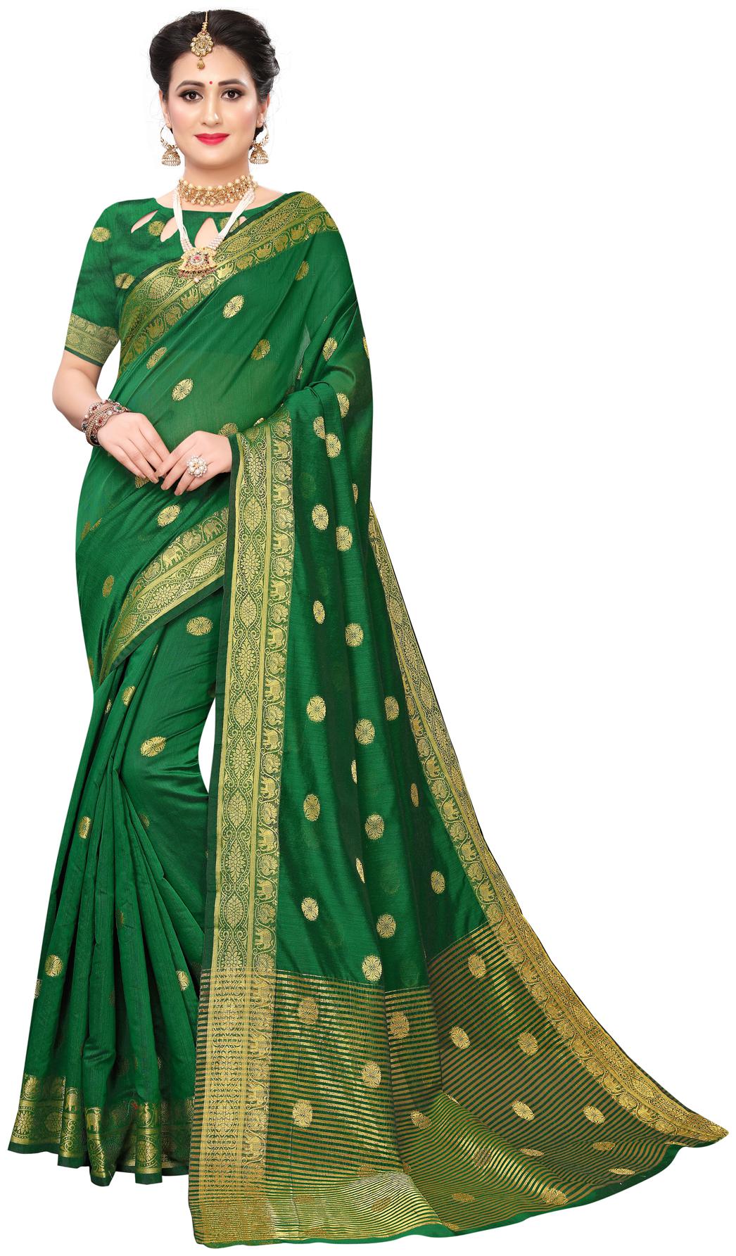 

Swaron Green Cotton Silk Jacquard Maheshwari Saree With Blouse Piece