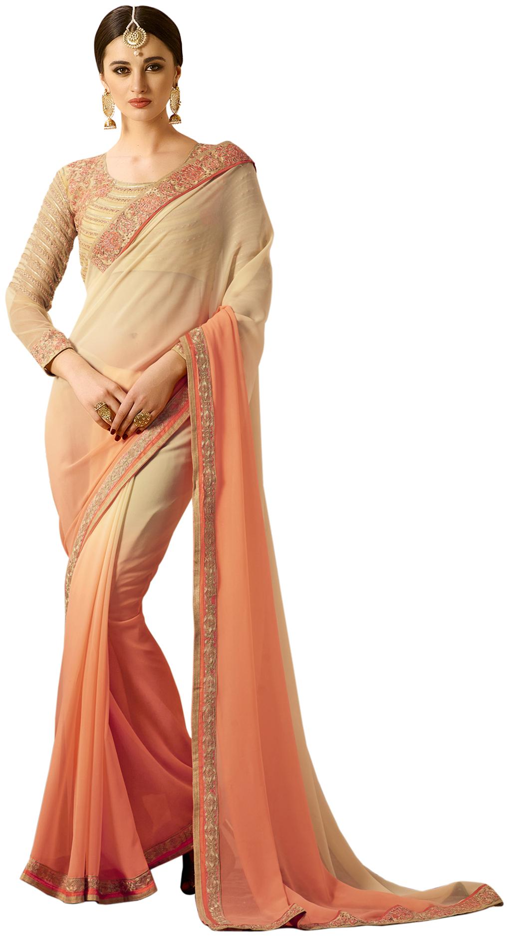 

Swaron Peach Georgette Embroidered Saree With Blouse Piece