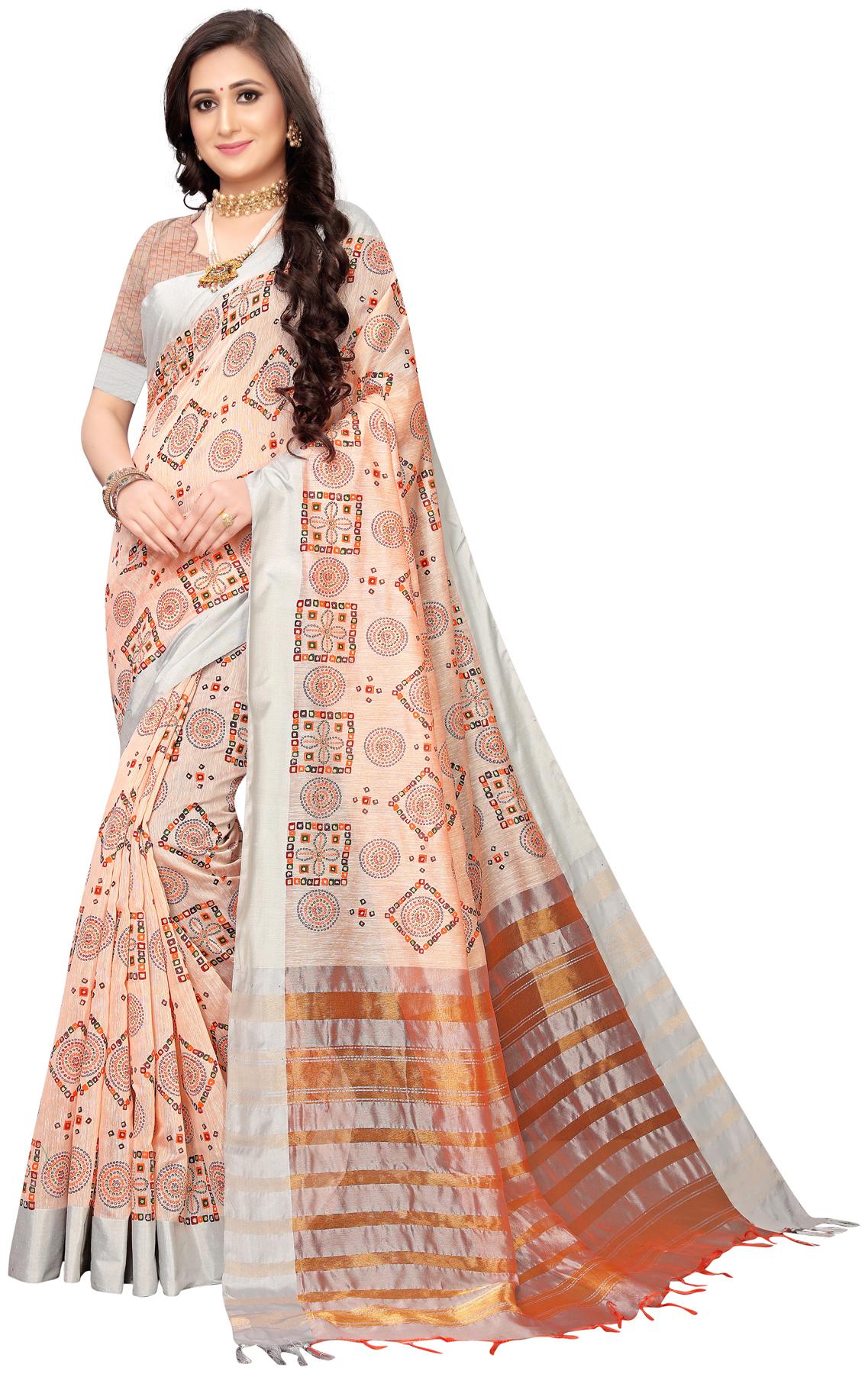

Swaron Peach Cotton Silk Printed Saree With Blouse Piece