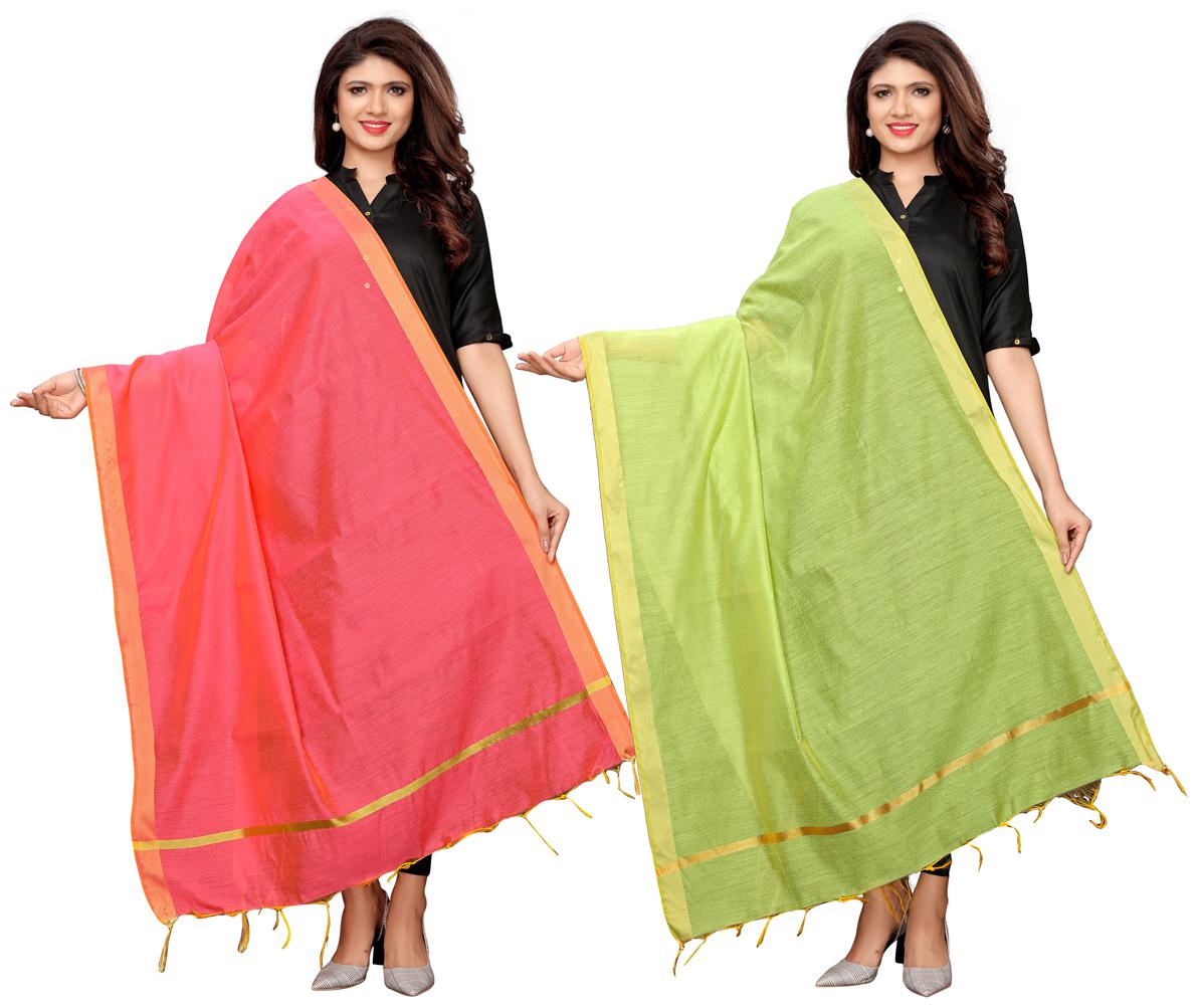 

Swaron Pink Green Cotton Silk Dyed Zari Patta Dupatta Combo Pack of 2