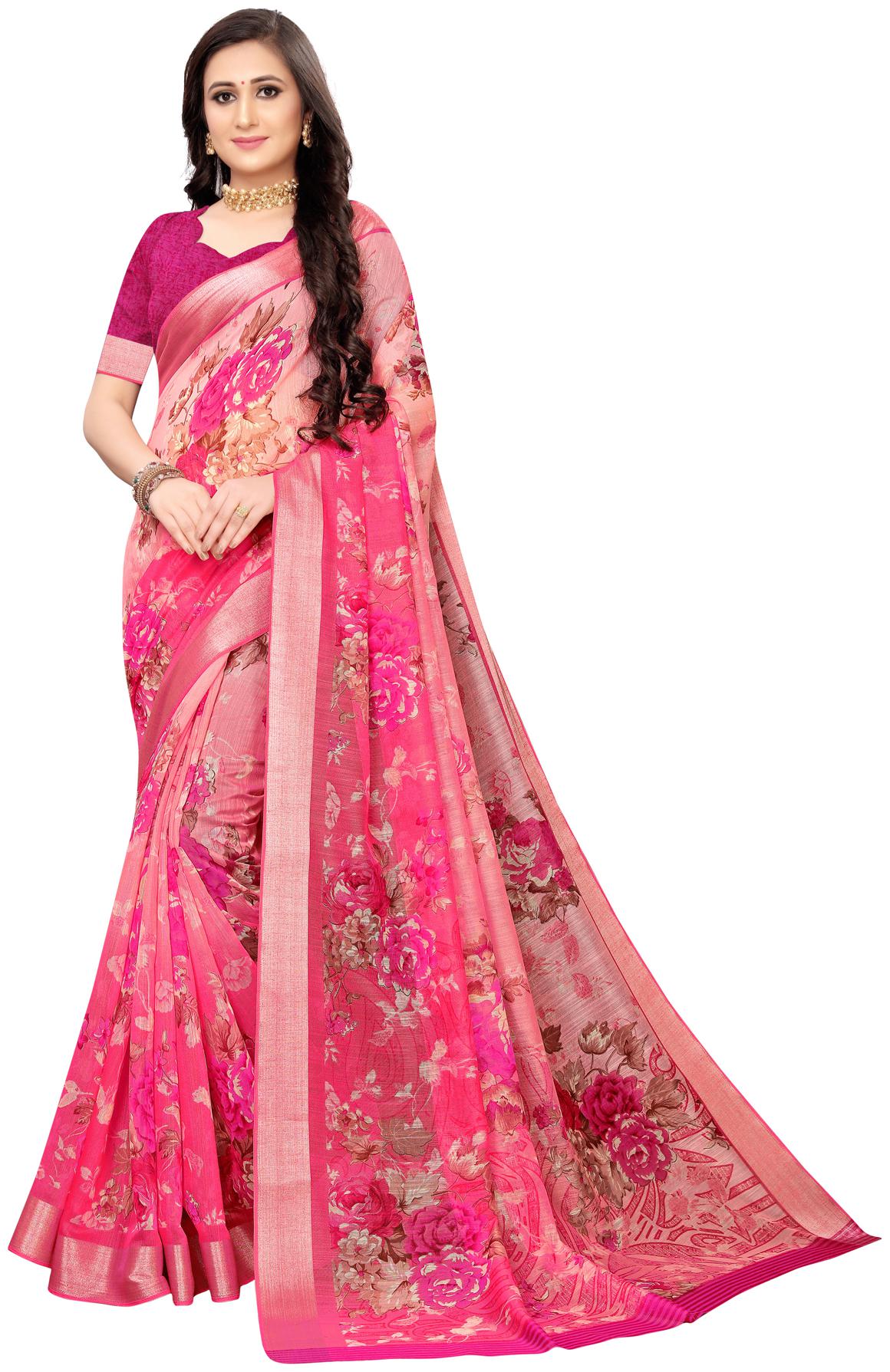 

Swaron Pink Cotton Silk Printed Saree With Blouse Piece