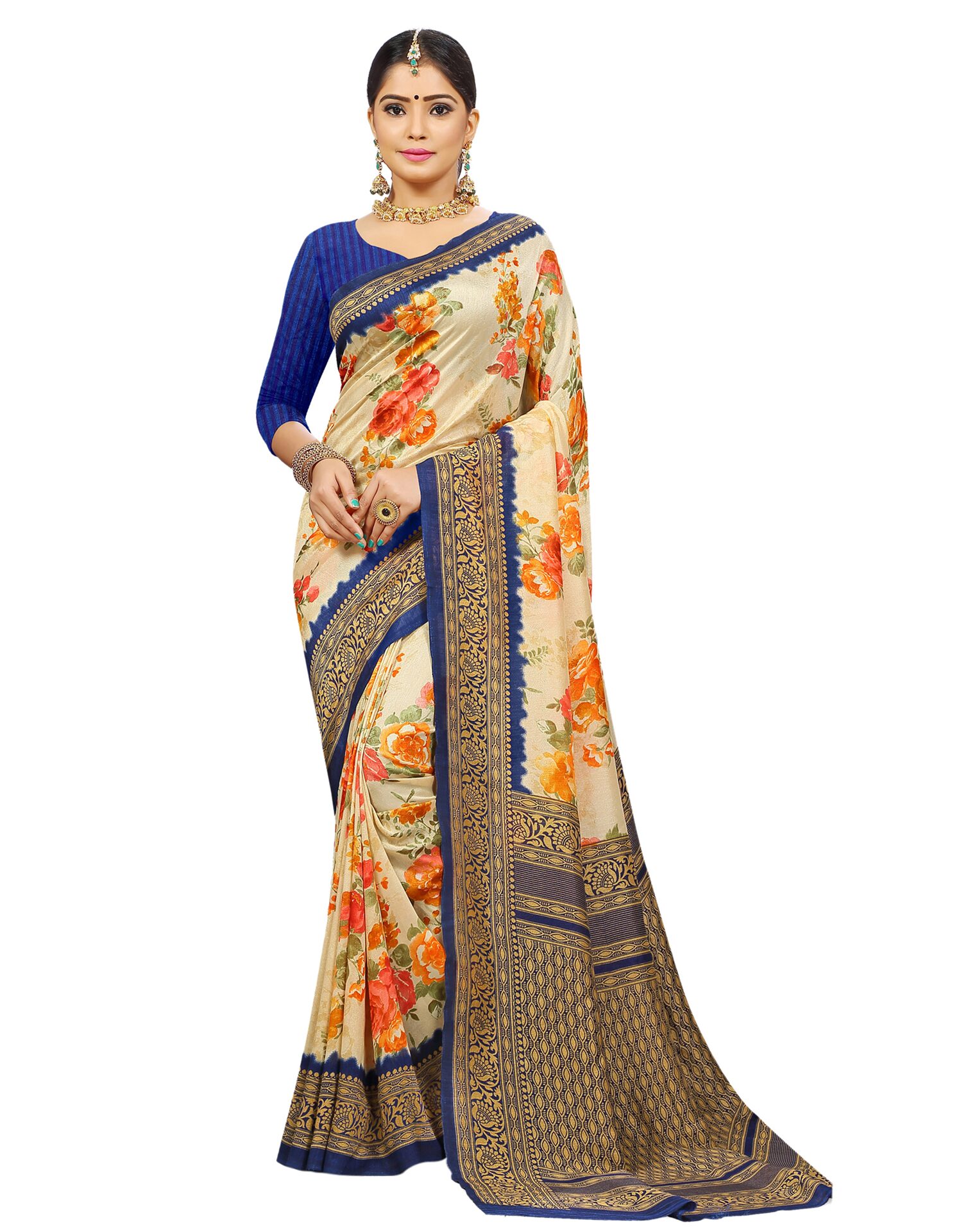 

Swaron Polycotton Floral Cream Color Saree With Unstiched Blouse Piece
