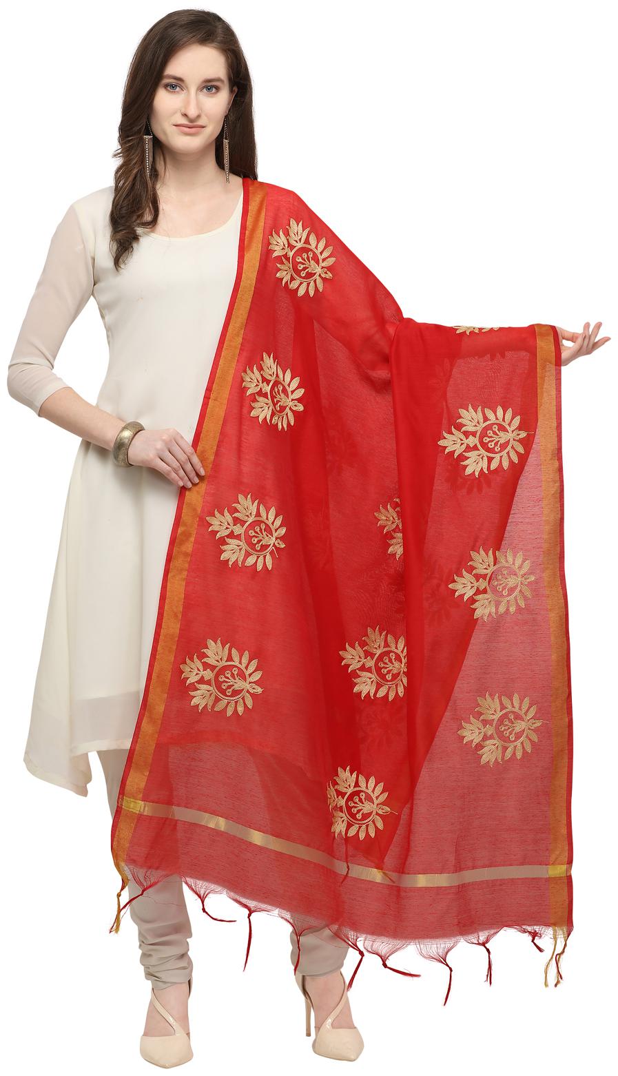 

Swaron Red Cotton Silk Thread Embroidery Dupatta