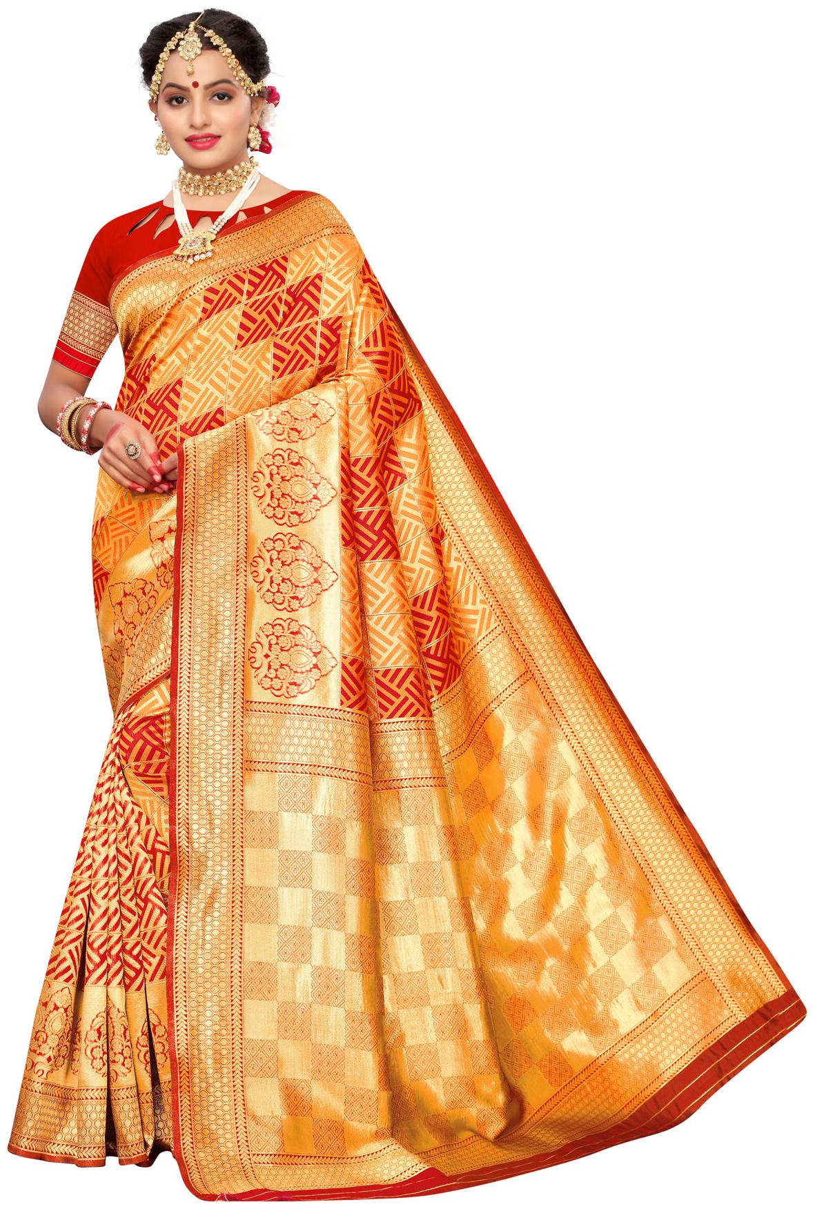

Swaron Silk Red Yellow Geometric Designer Saree For Women