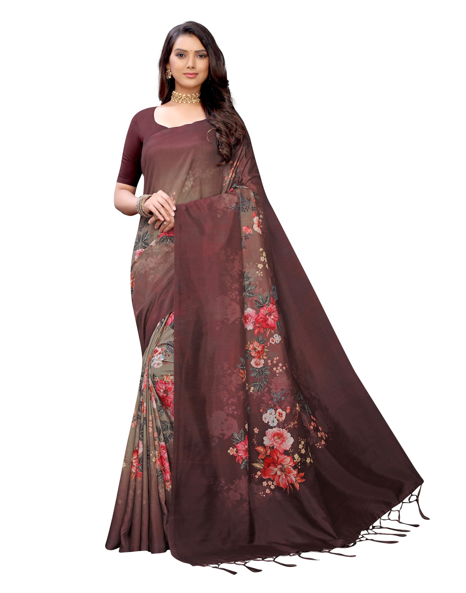 

Swaron Silk Floral Brown Color Saree With Unstiched Blouse Piece