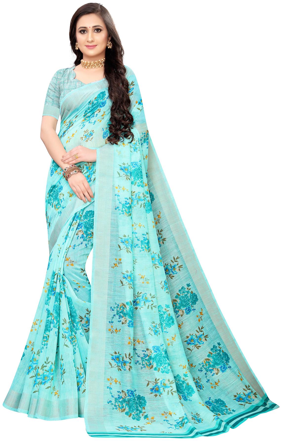 

Swaron Turquoise Cotton Silk Printed Saree With Blouse Piece