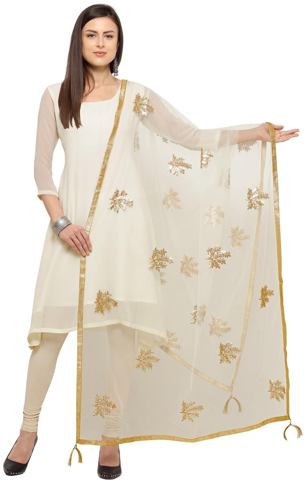 

Swaron White Net Zari Sequin And Gota Patti Dupatta