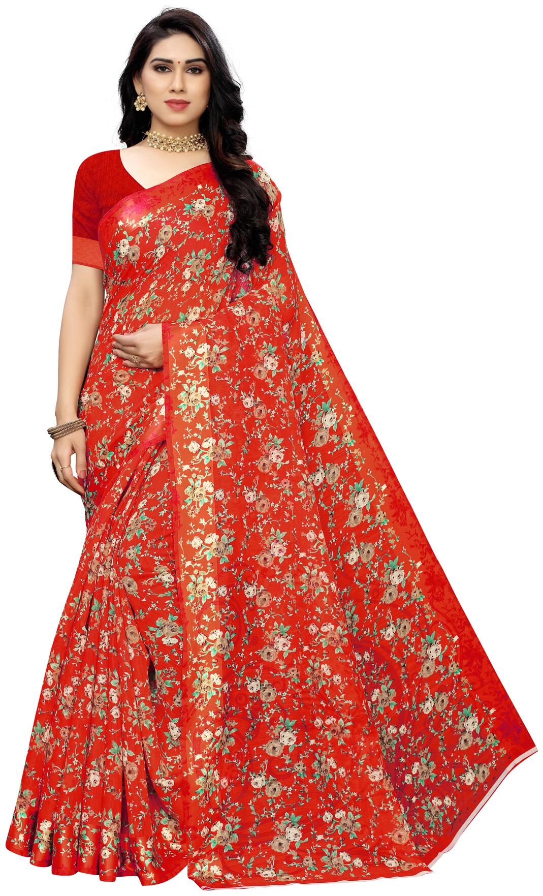 

Swaron Women Silk Floral Red Regular Saree With Blouse