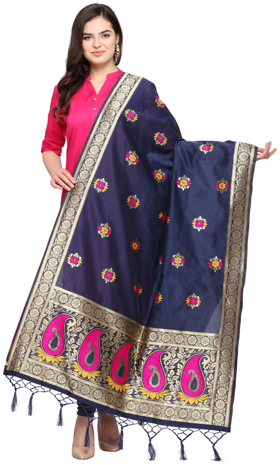 

Swaron Women Silk Floral Dupatta Navy Blue