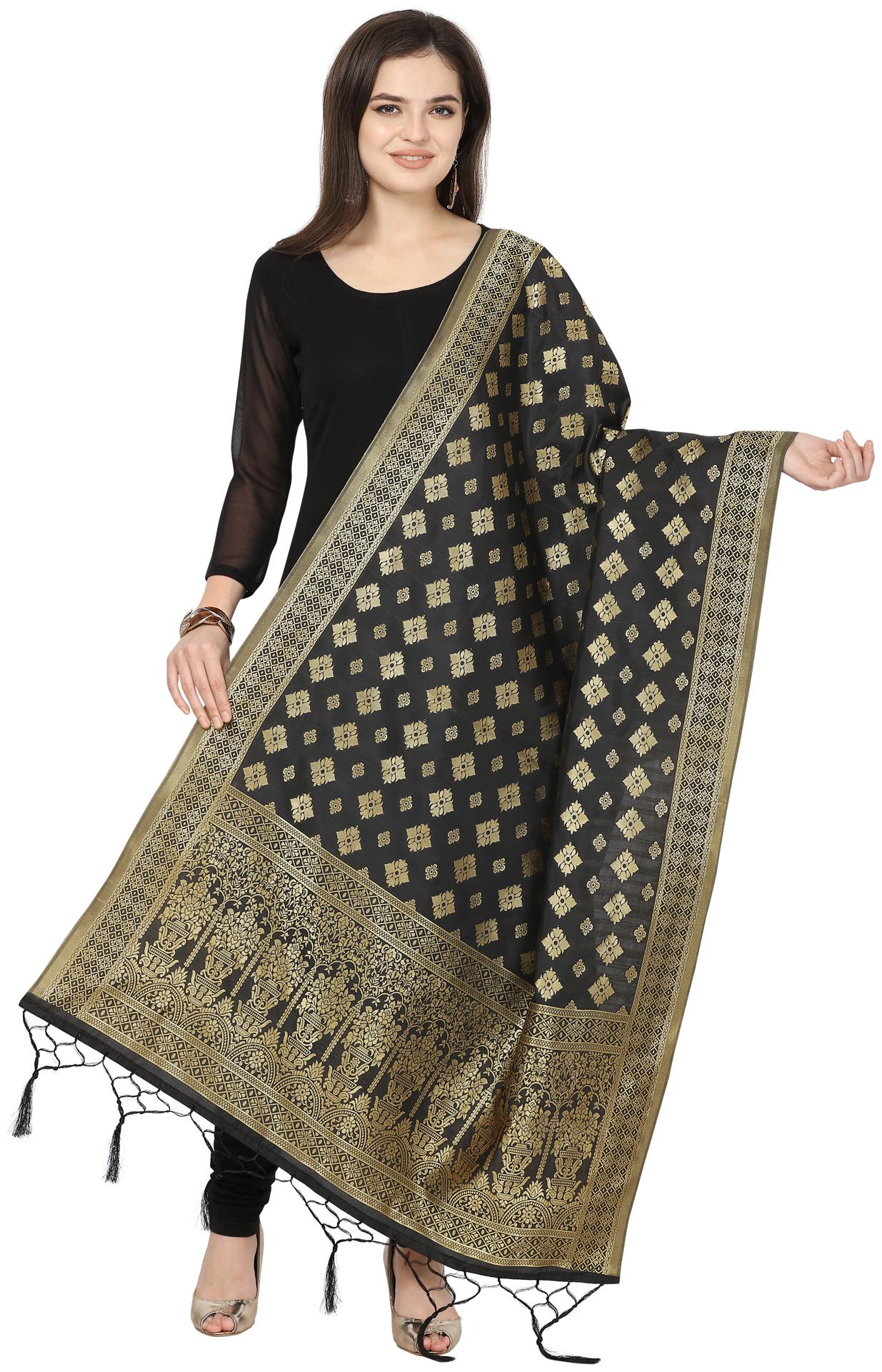 

Swaron Women Jacquard Printed Dupatta Black