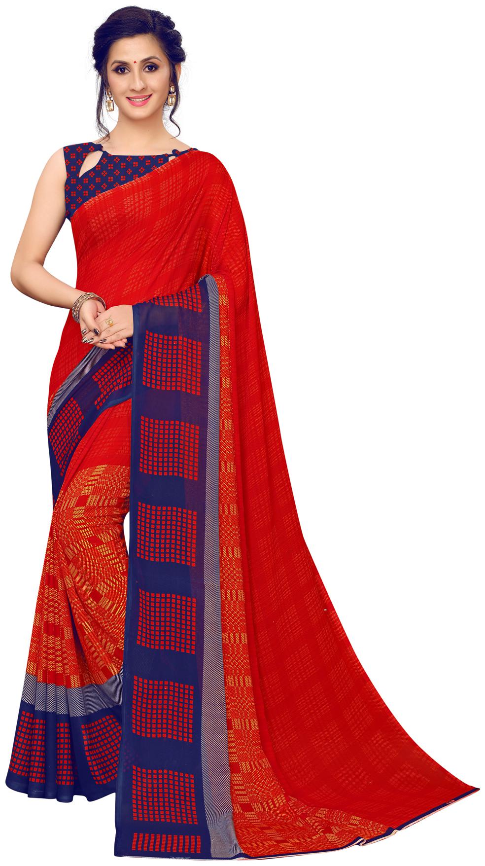 

Swaron Women Georgette Saree With Unstitched Blouse Piece (Red)