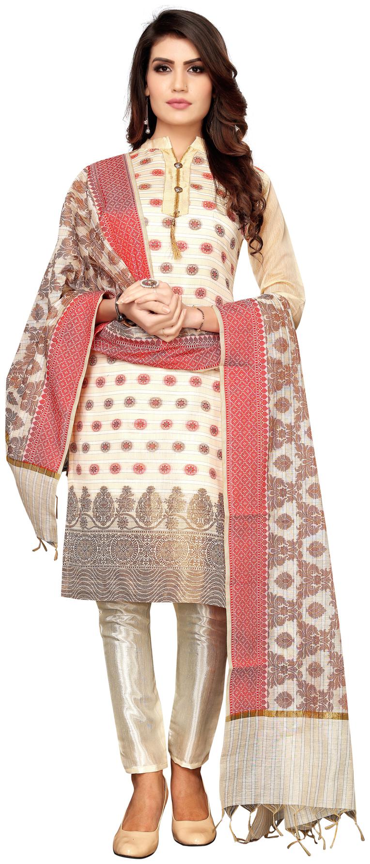 

Swaron White Unstitched Kurta with bottom dupatta With dupatta Dress Material