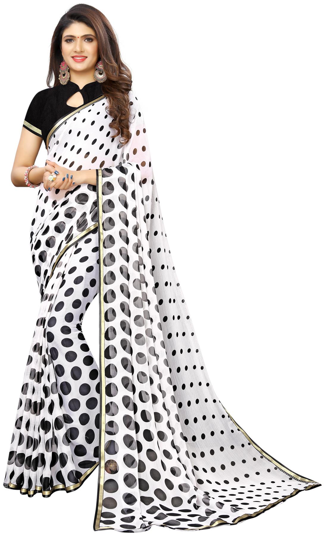 

Swaron Women Chiffon Polka Dots White Regular Saree With Blouse