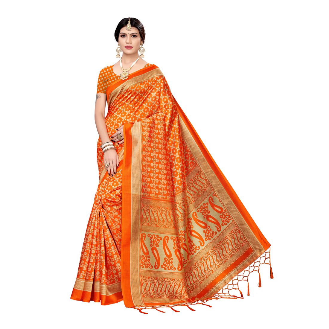 

Swaron Women Bhagalpuri Traditional Saree With Blouse Piece (Orange)
