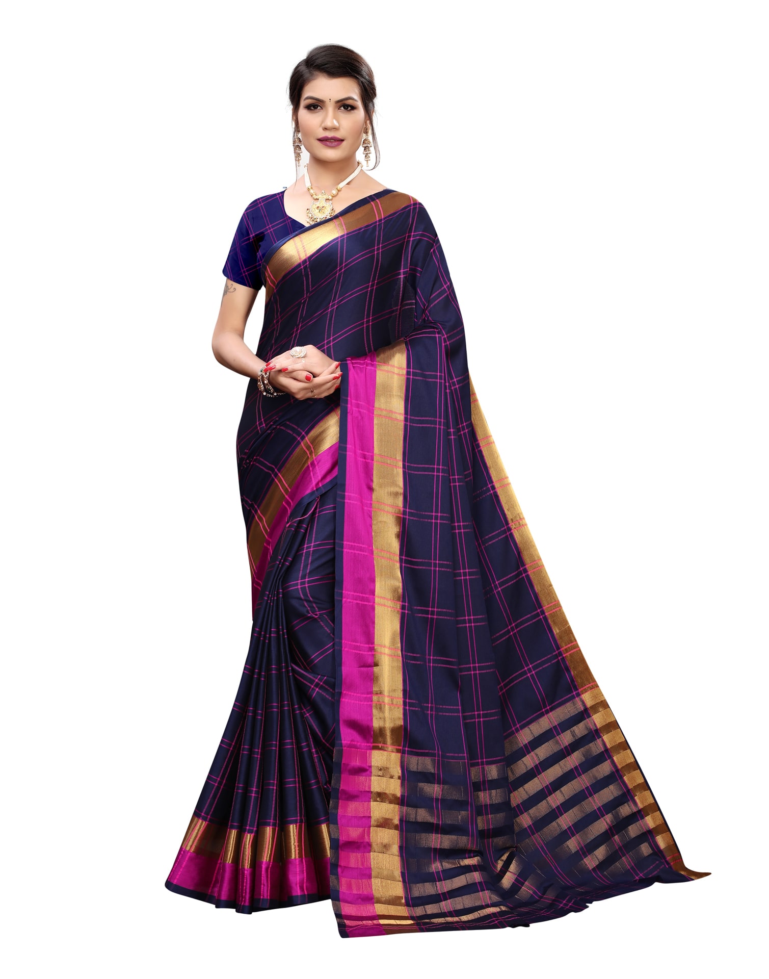 

Swaron Women Mysore Traditional Saree With Blouse Piece (Navy Blue)