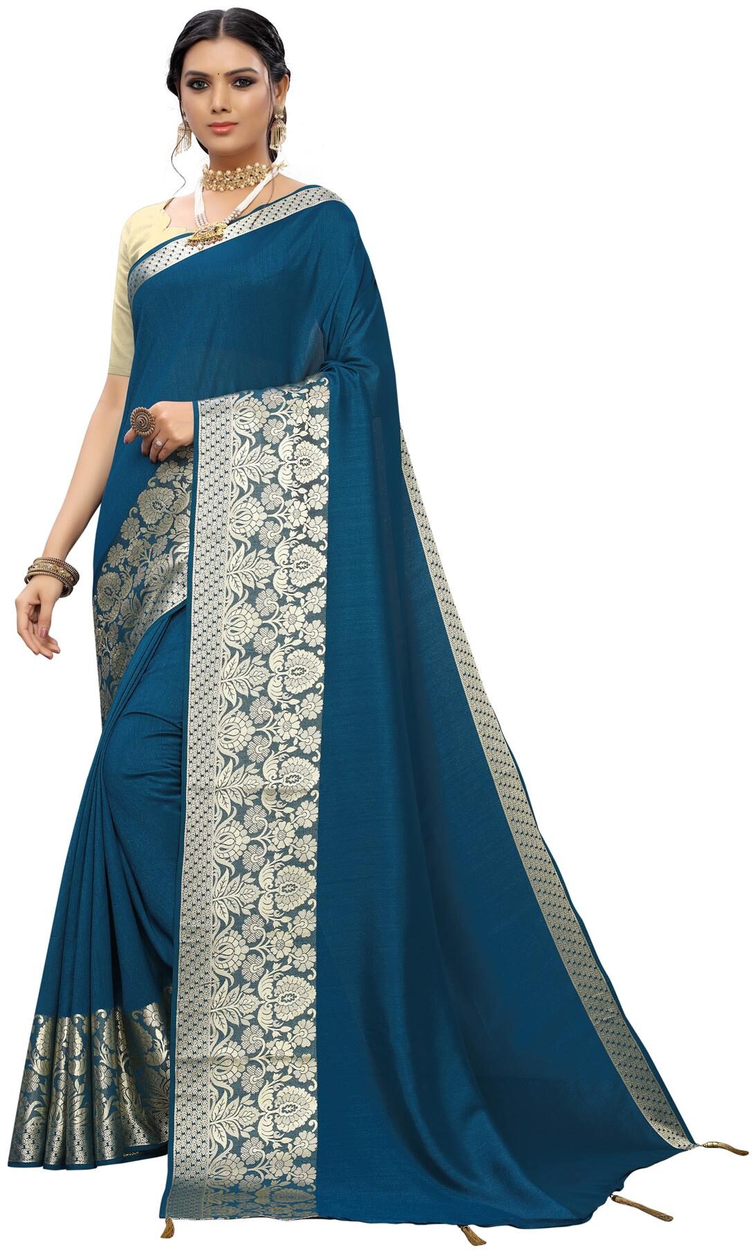 

Swaron Women Silk Solid Blue Regular Saree With Blouse
