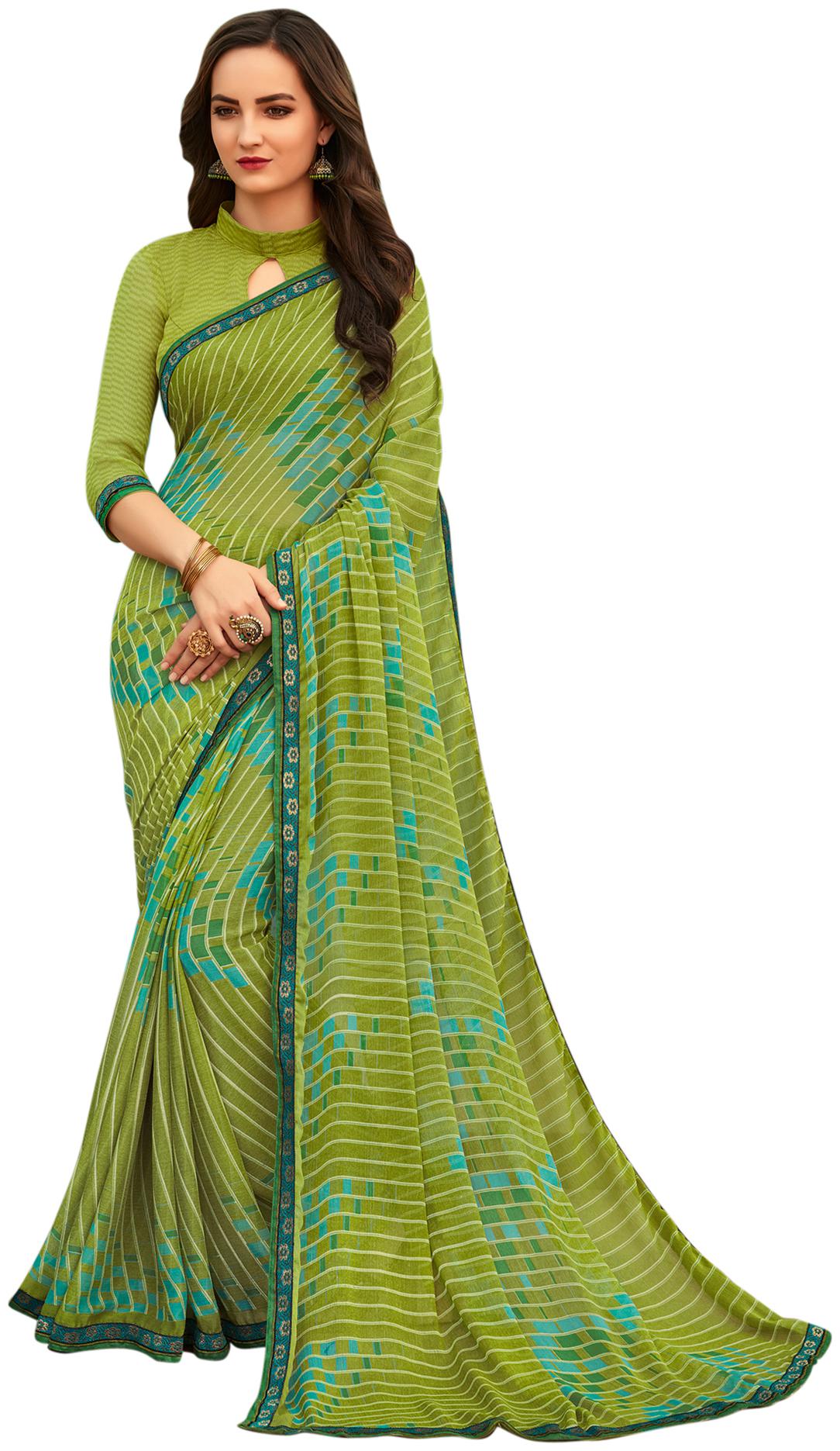 

Swaron Women Chiffon Striped Saree Green