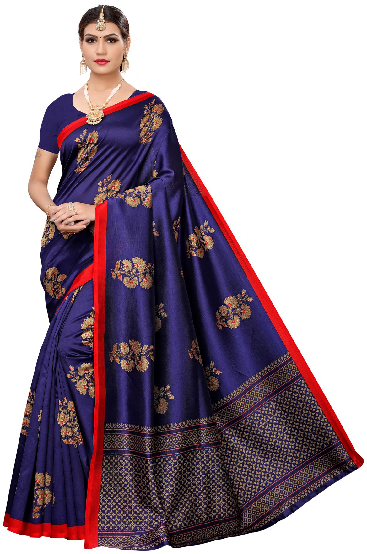 

Swaron Women Silk Floral Blue Regular Saree With Blouse