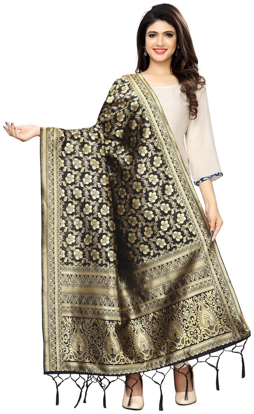 

Swaron Women Silk Floral Dupatta Black