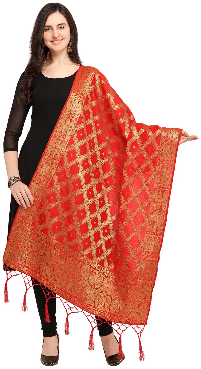 

Swaron Women Silk Checkered Dupatta Red