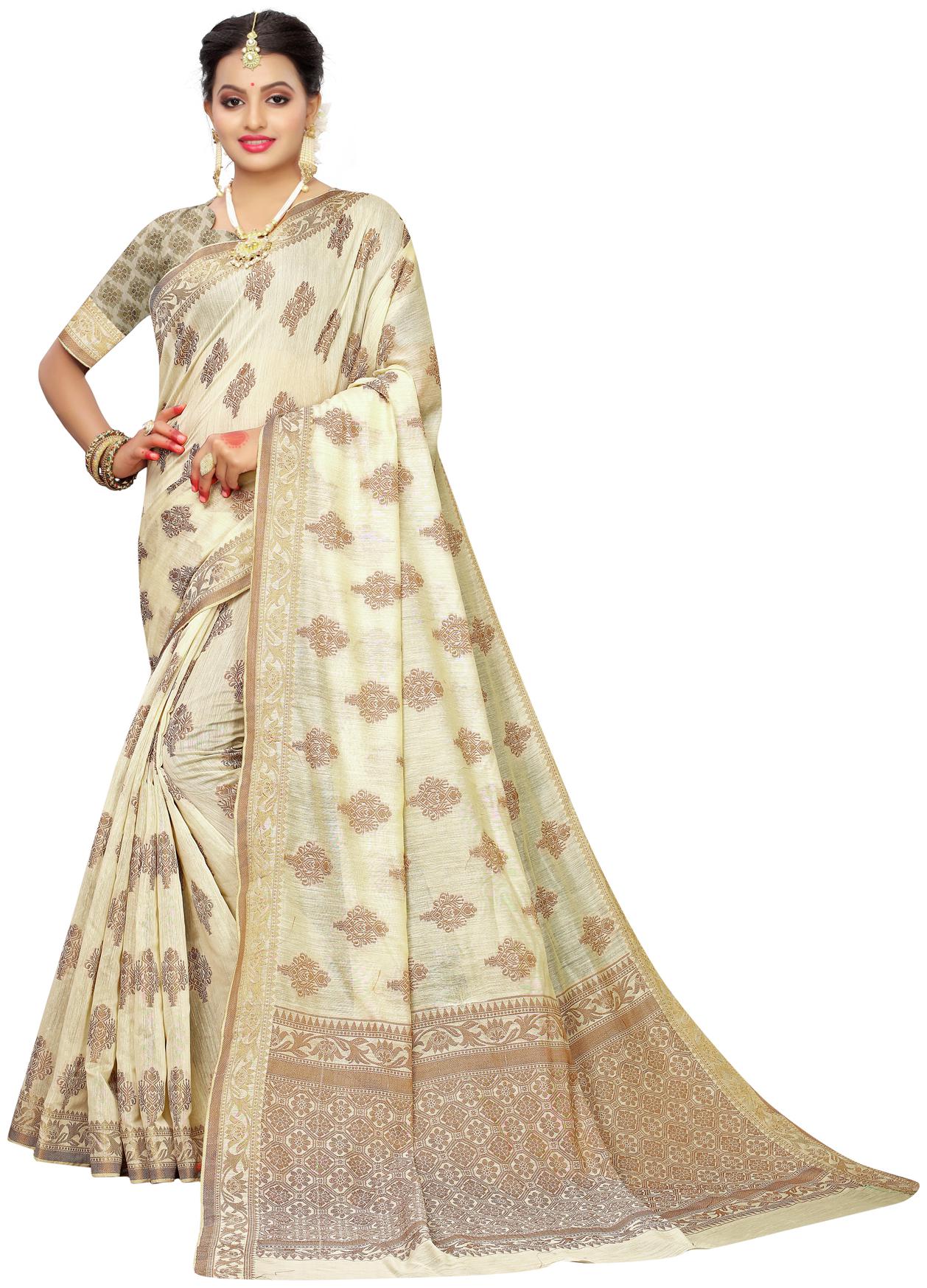 

Swaron Women Cotton Woven Saree Cream