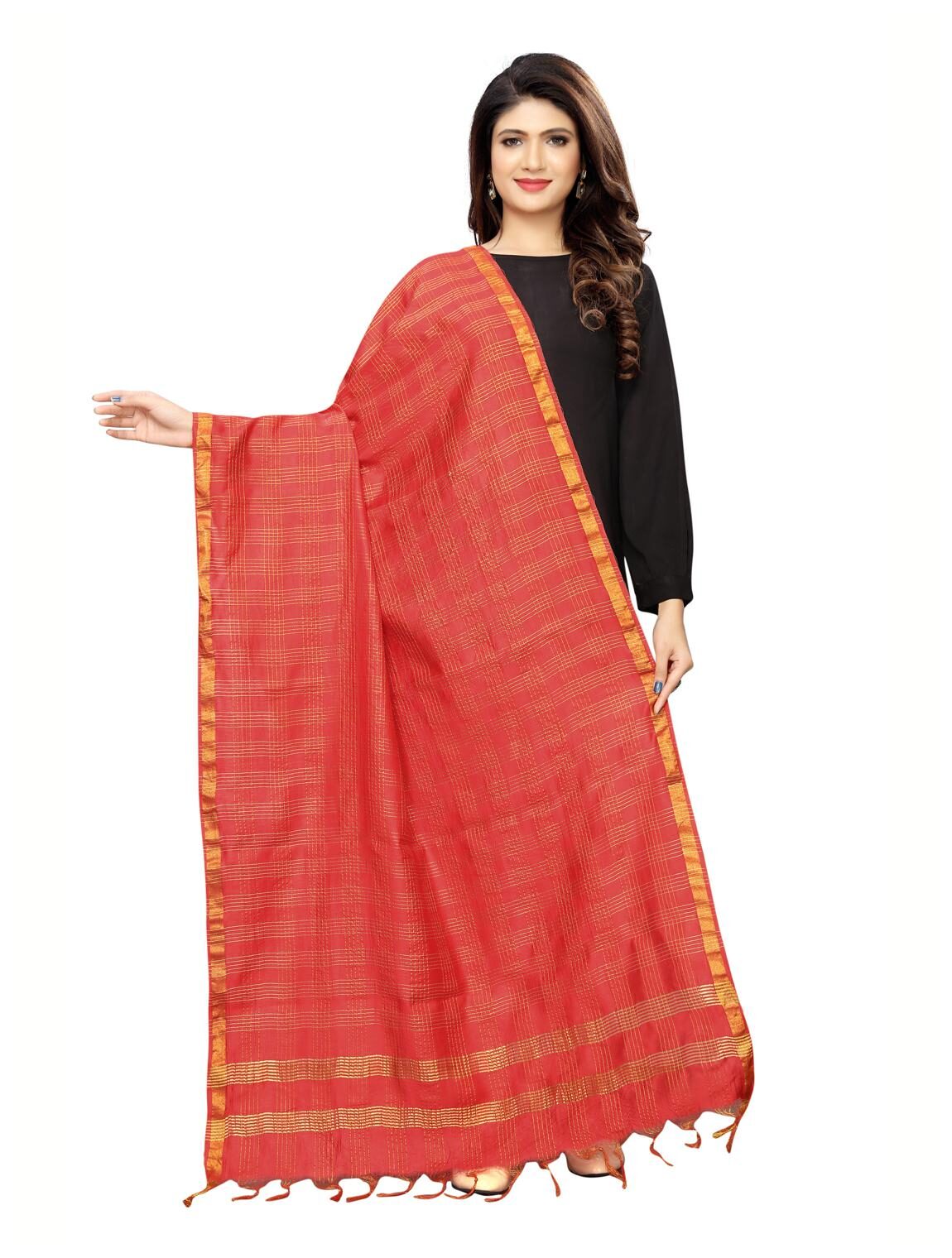 

Swaron Women Silk Checkered Dupatta Red