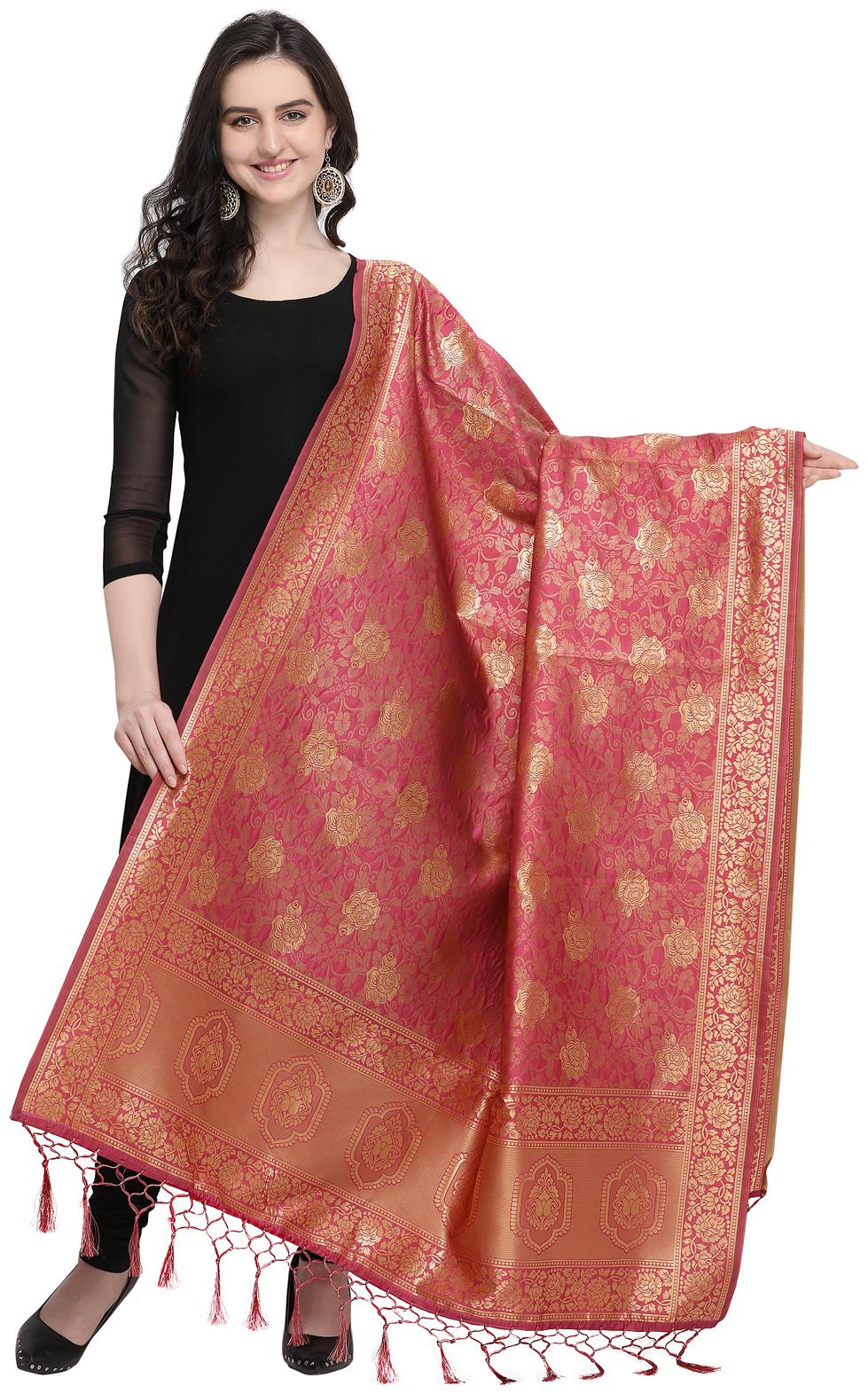 

Swaron Women Silk Floral Dupatta Pink