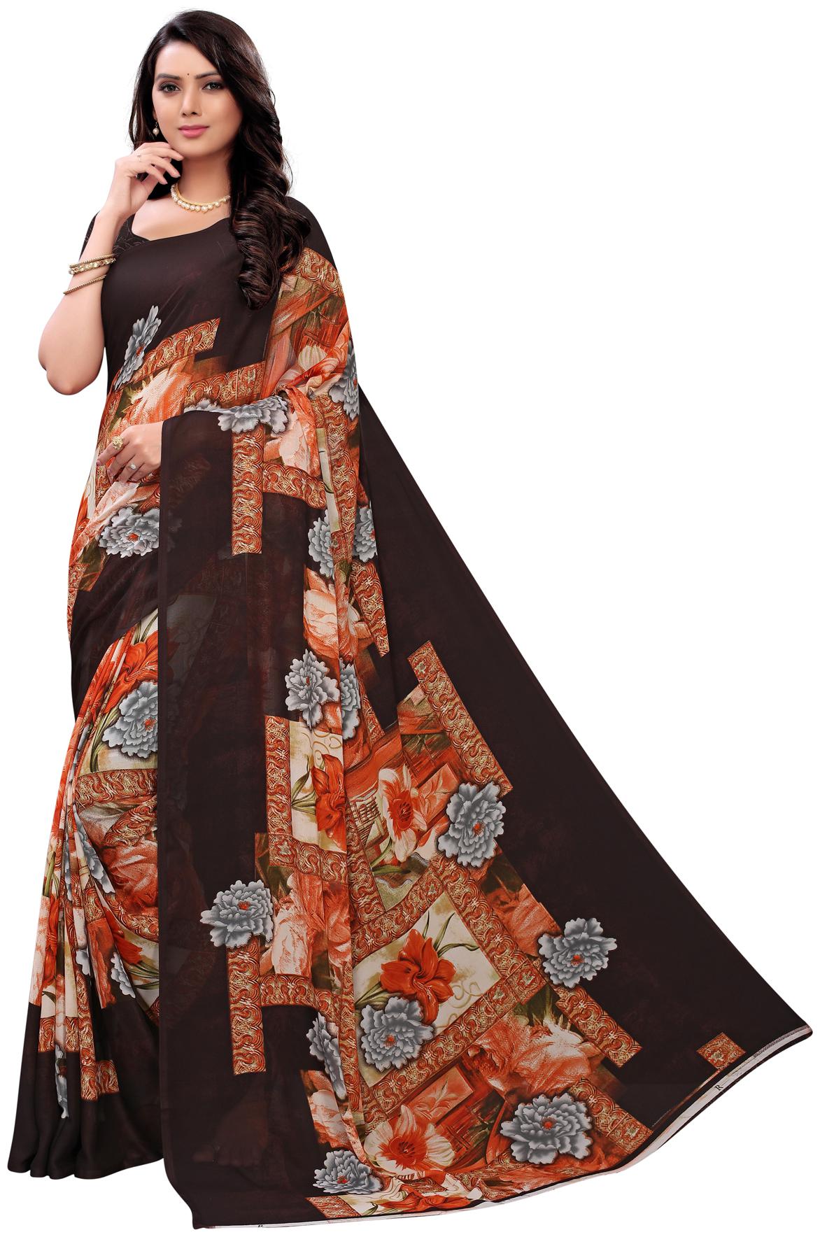

Swaron Women Georgette Floral Saree Brown