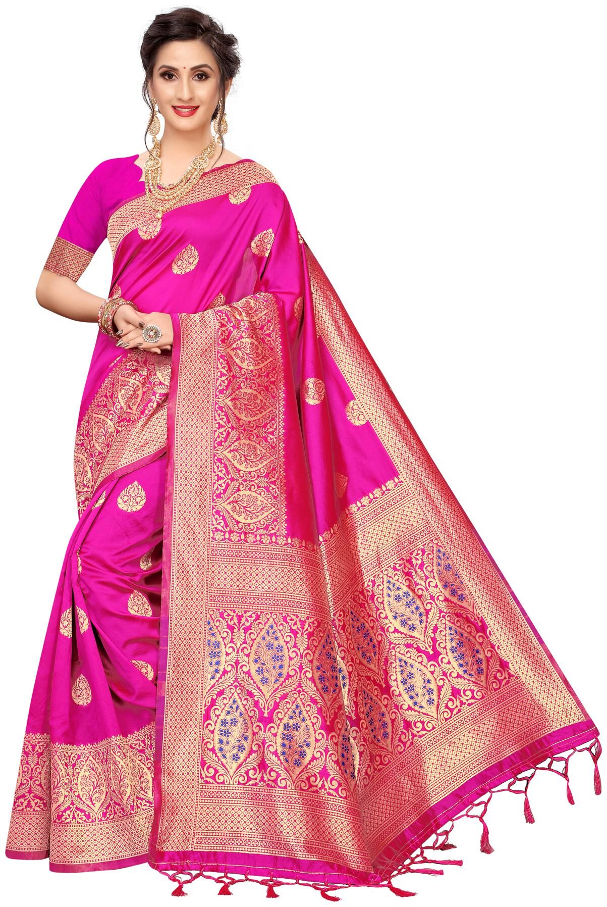 

Swaron Women Poly Silk Saree With Unstitched Blouse Piece (Pink)