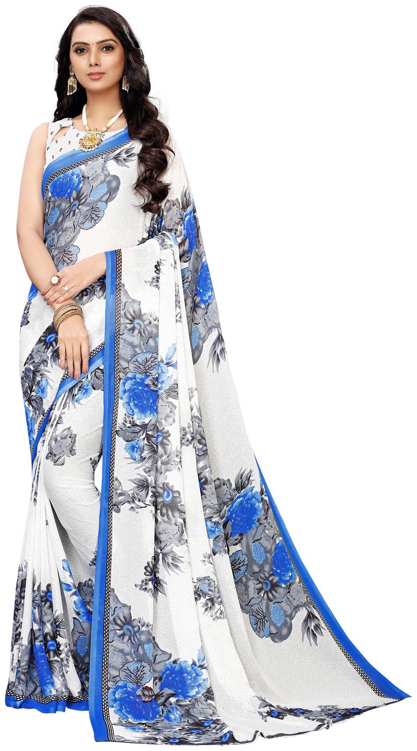 

Swaron Women Georgette Floral Saree Blue White