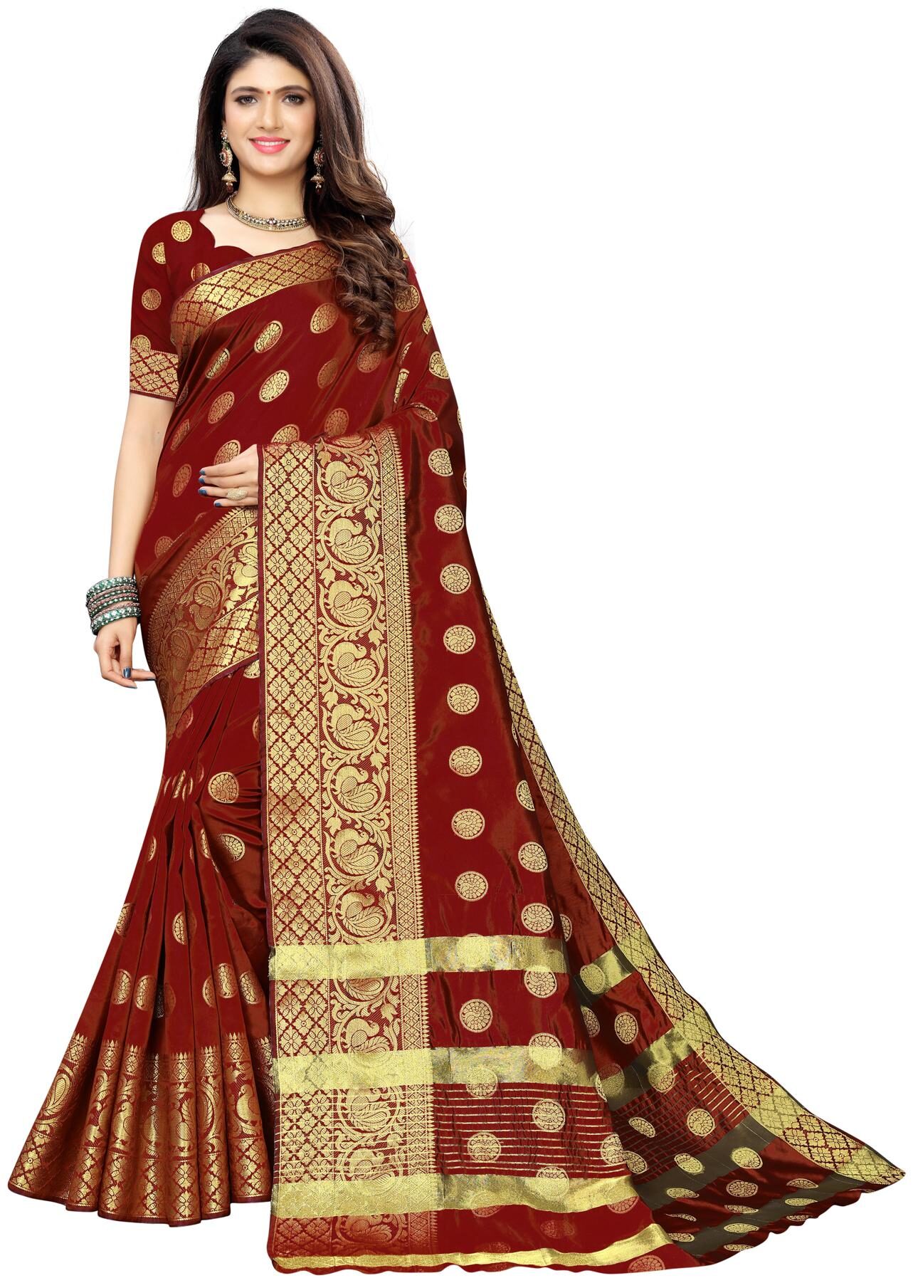 

Swaron Women Poly Silk Saree With Unstitched Blouse Piece (Maroon)