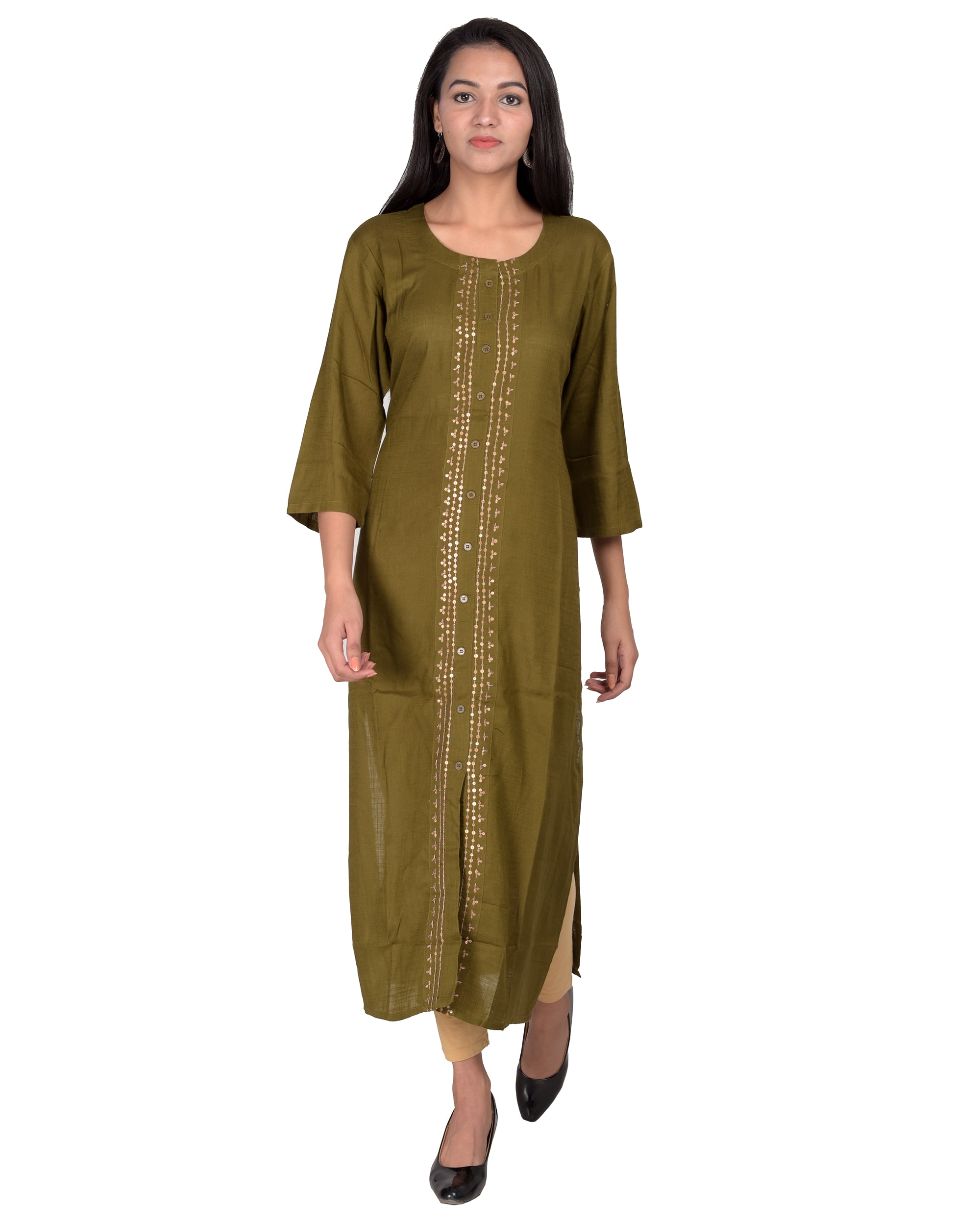 

Swasti Cotton Blend Solid Olive Color Kurti For Women