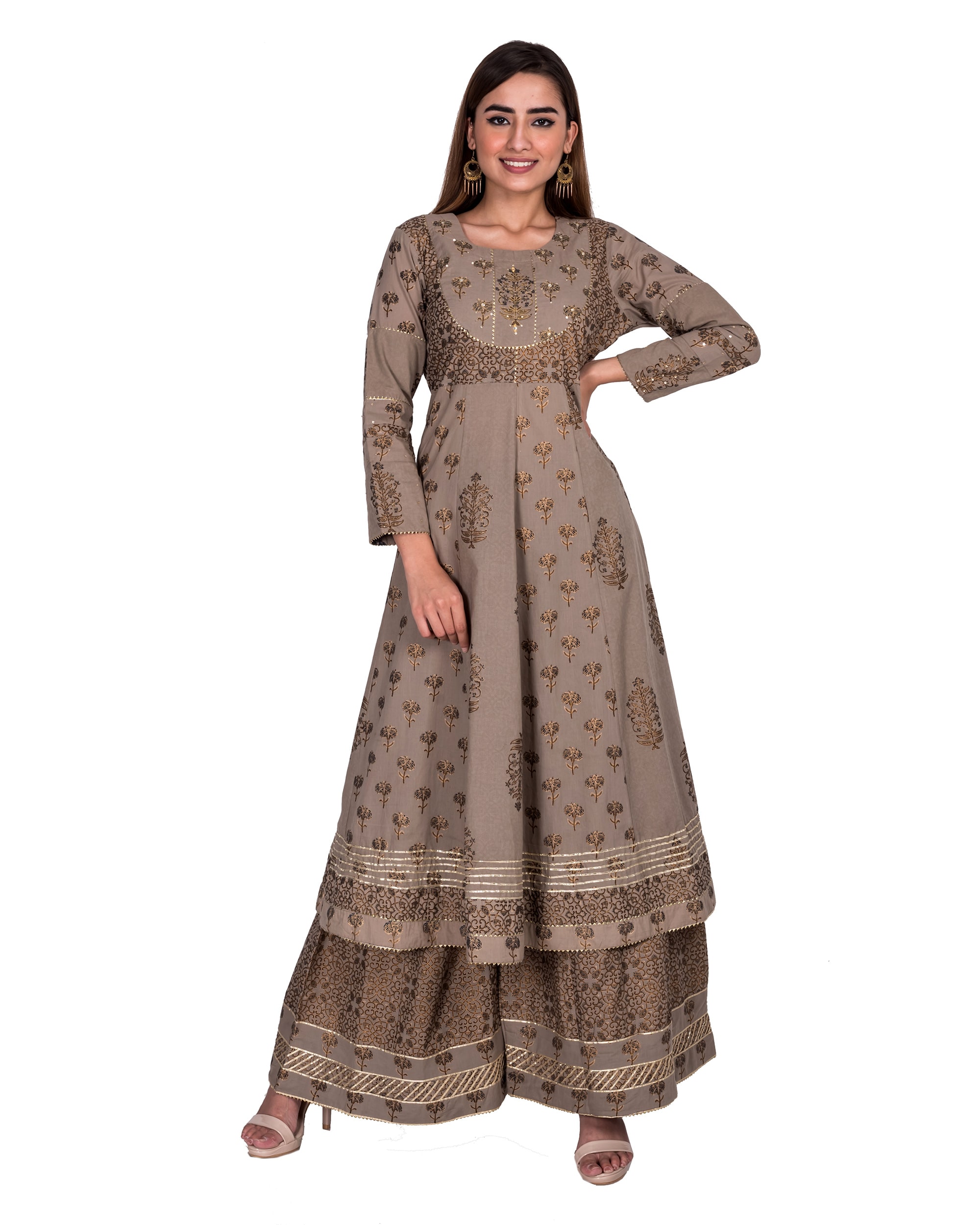

Swasti Cotton Embroidered Brown Color Kurti and Palazzo Set For Women