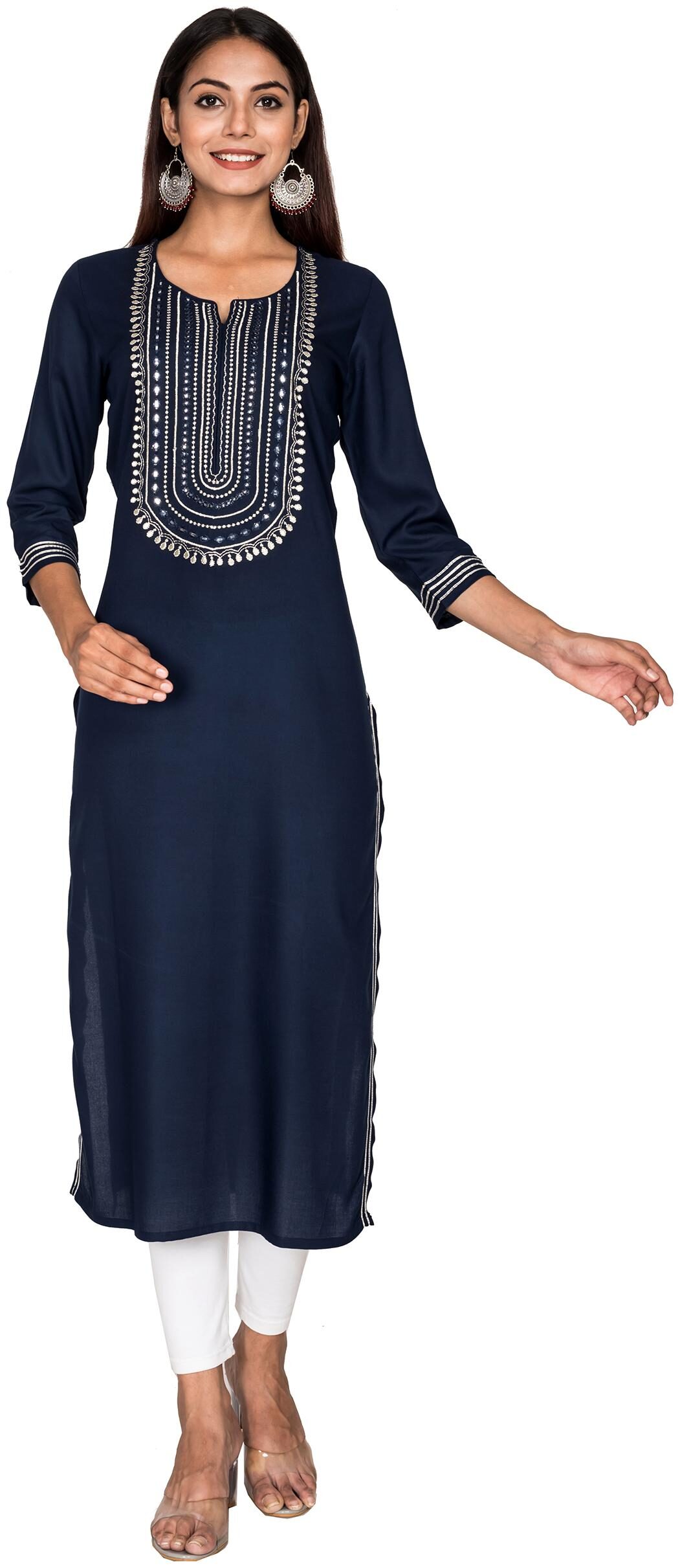 

Swasti Women Navy Blue Embroidered Straight Kurta