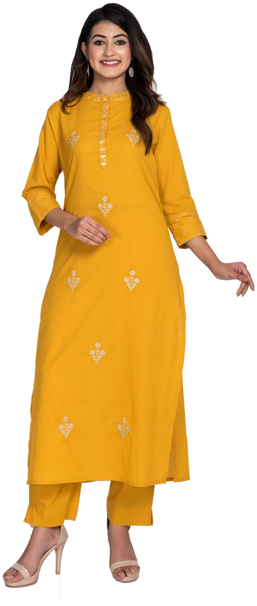 

Swasti Women Cotton Embroidered Yellow Kurta With Pants