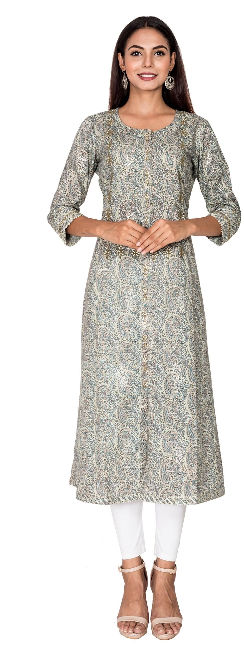 

Swasti Women Floral Pure Cotton Embroidered Straight Kurta (Grey)