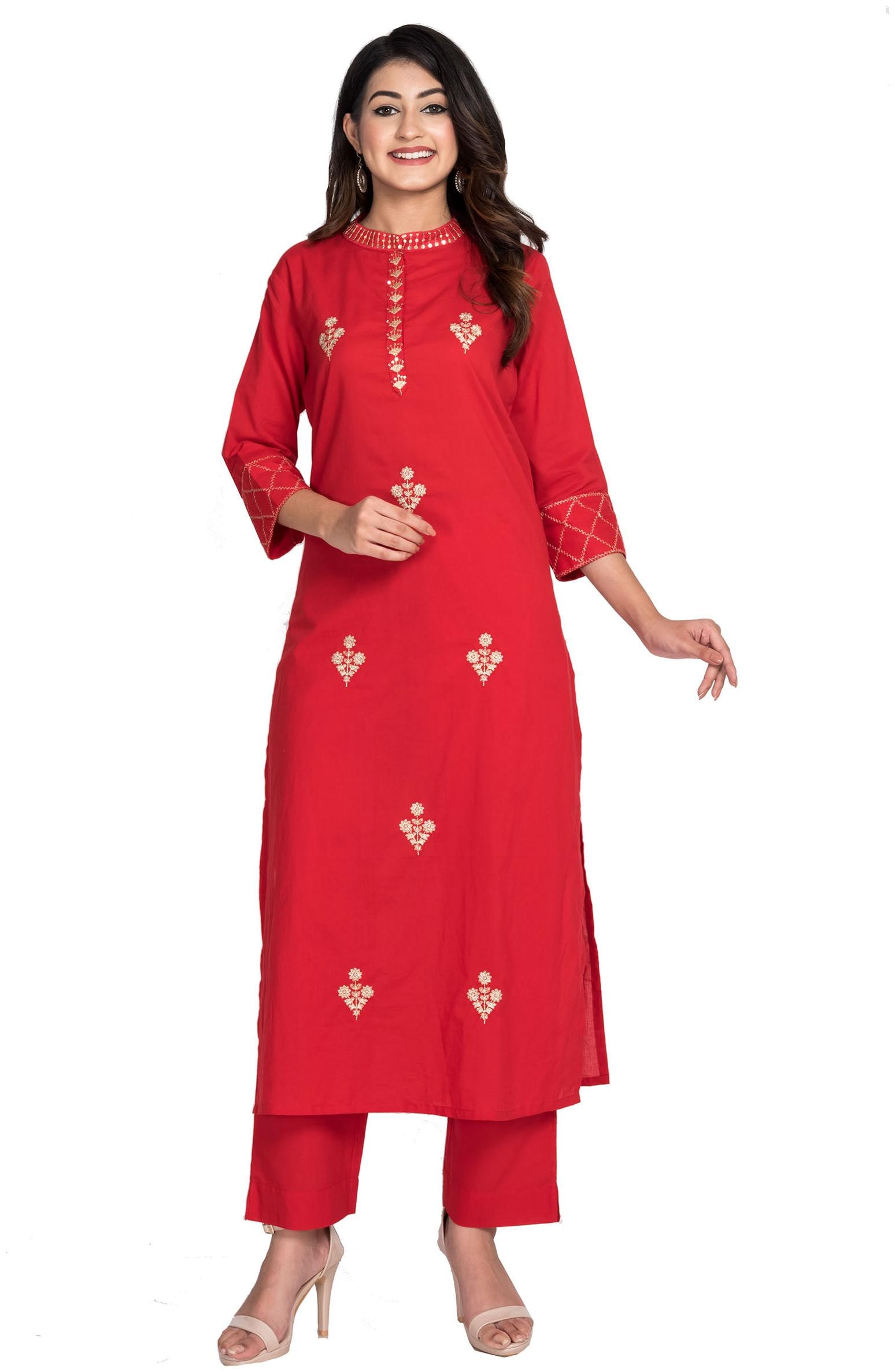 

Swasti Women Cotton Embroidered Red Kurta With Pants