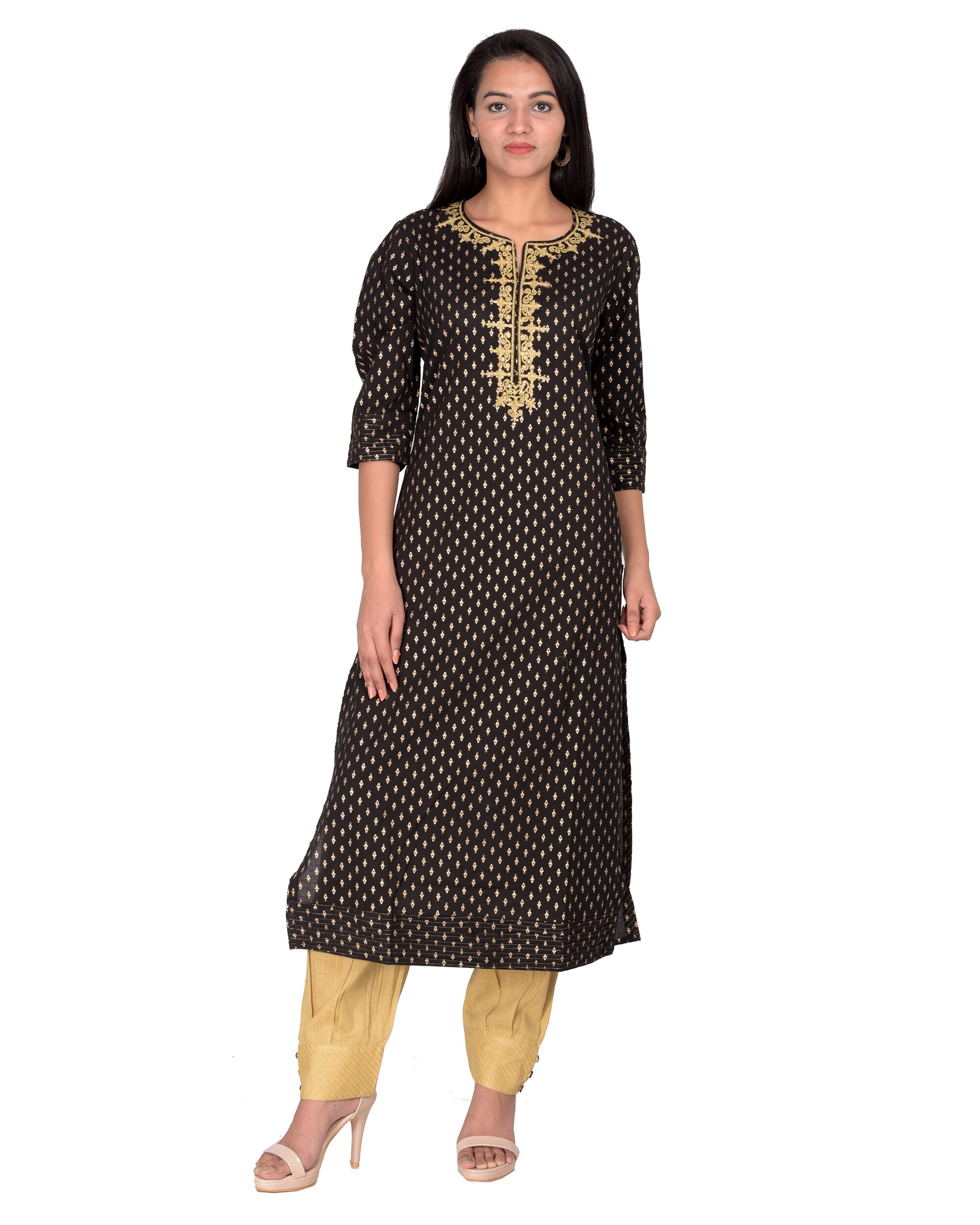 

Swasti Women Black Beige Printed Regular Kurti With Salwar