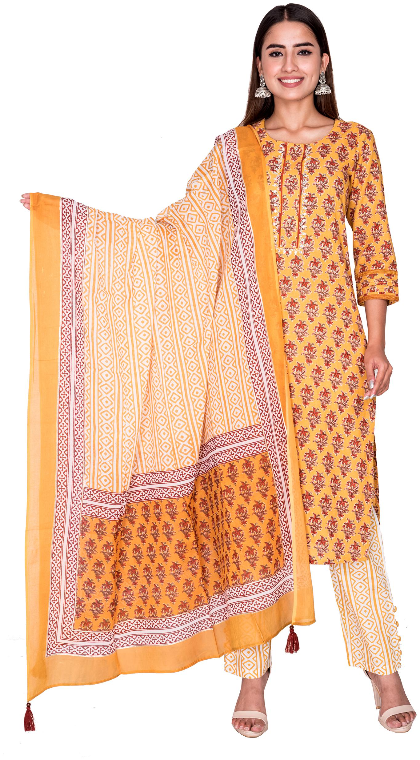 

Swasti Women Yellow Floral Straight Kurta With Pants And Dupatta