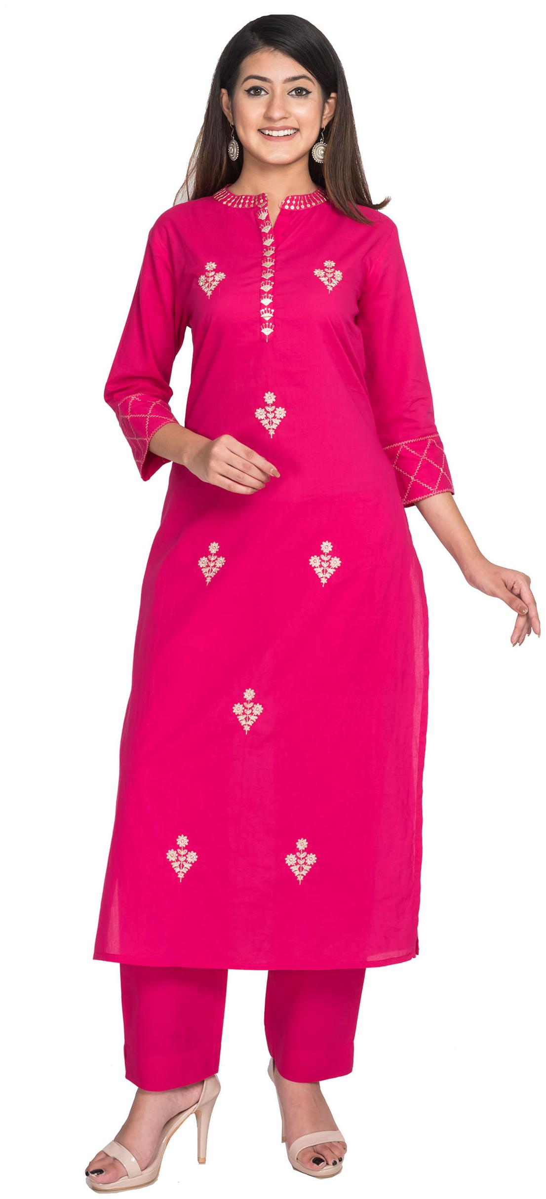 

Swasti Women Cotton Embroidered Magenta Kurta With Pants