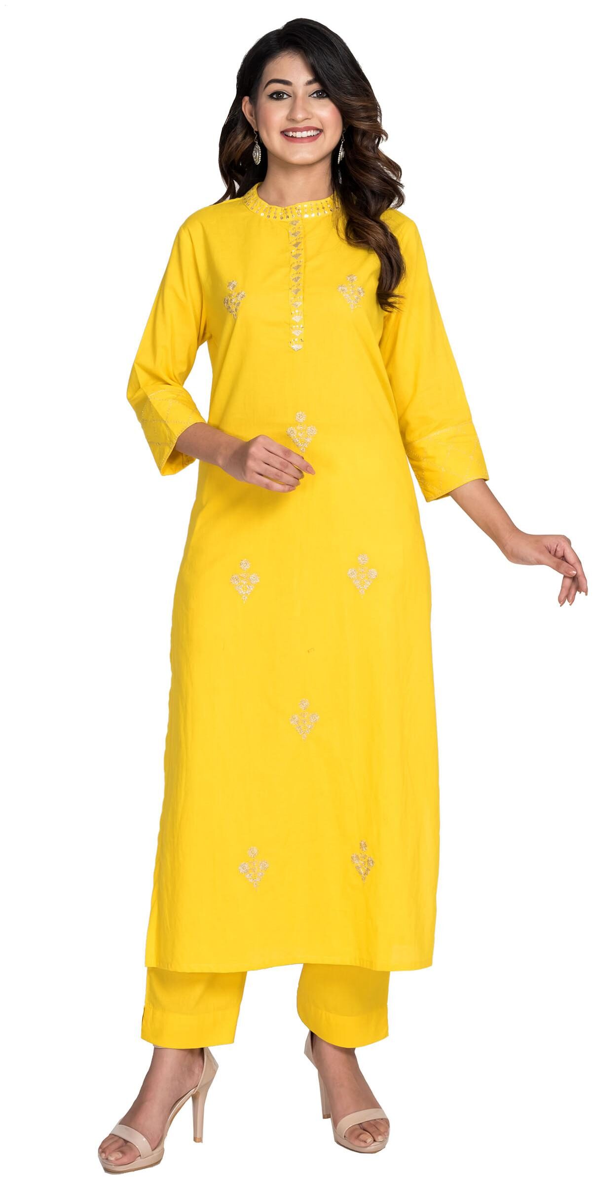 

Swasti Women Cotton Embroidered Yellow Kurta With Pants