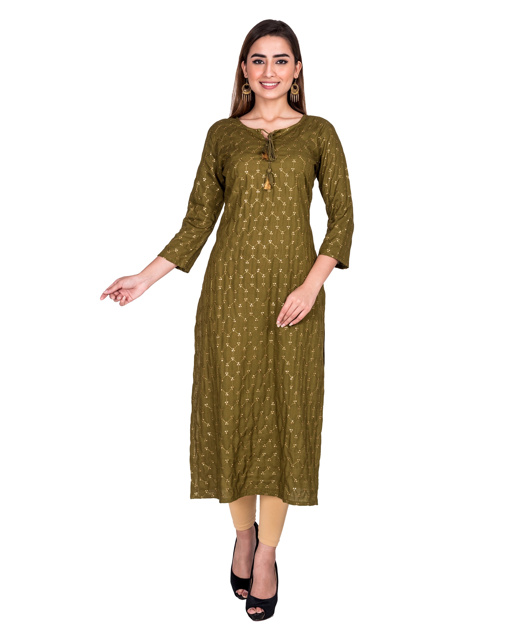 

Swasti Women Embroidered Cotton Blend Kurti - Olive