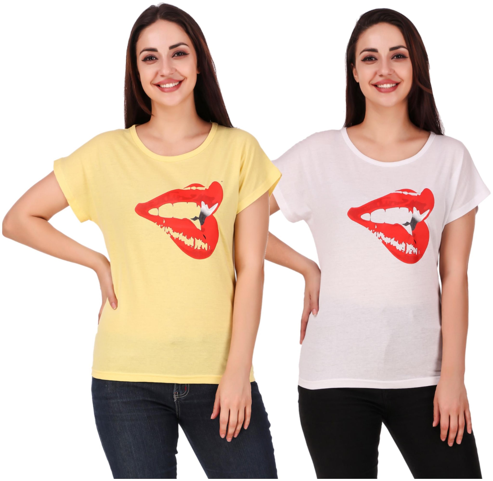 

FASHOPEDIA Women White Yellow Regular fit Round neck Cotton T shirt